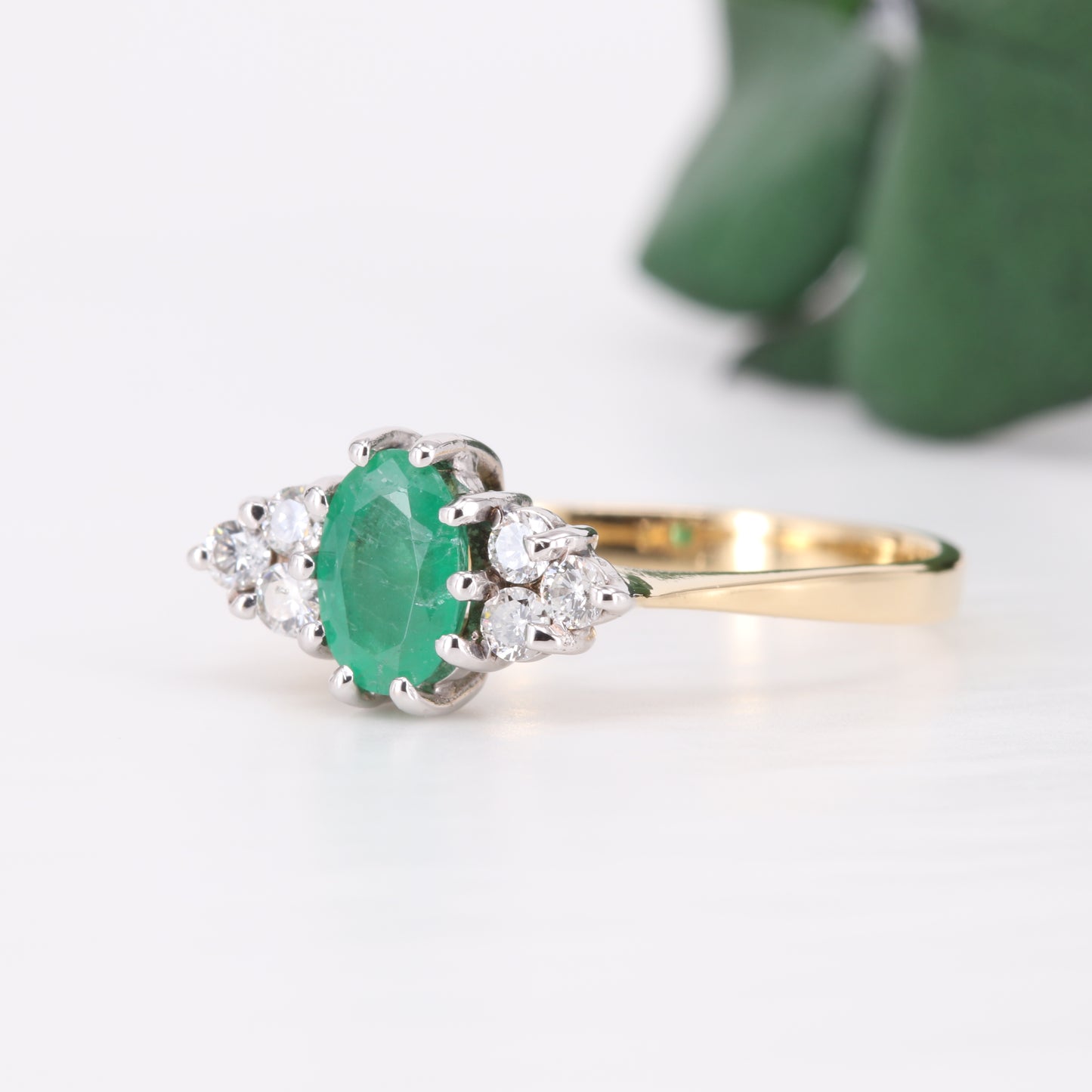 Emerald and Diamond Cluster 18ct Gold Ring 1977 Vintage Secondhand Pre-Owned Jewellery Side 1