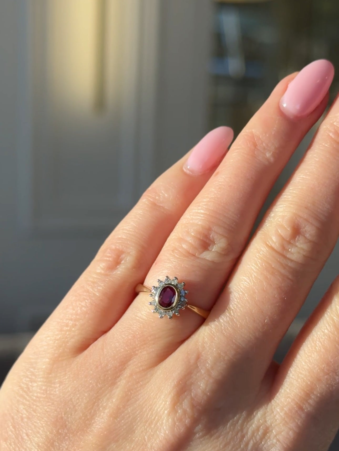9ct Yellow Gold Oval Cut Garnet and Diamond Halo Ring