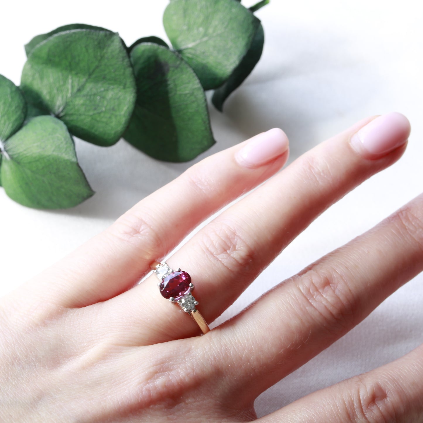 Pink Tourmaline and Diamond Trilogy 18ct Gold Ring