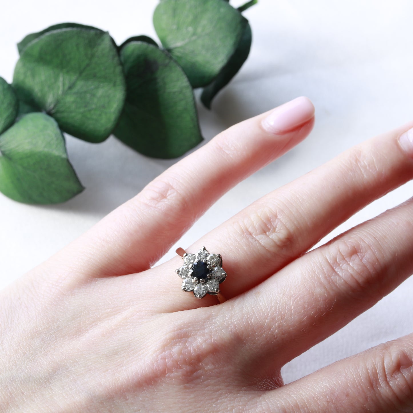 Sapphire and Diamond Flower Halo 18ct Gold Ring 1979