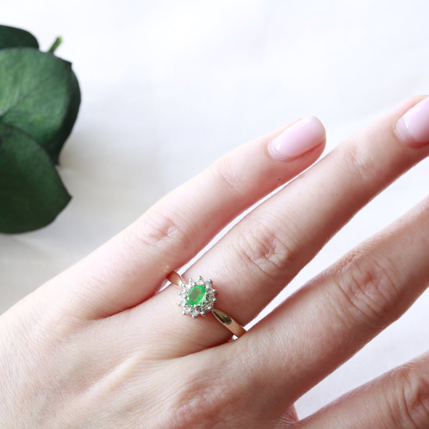 Emerald and Diamond 9ct Gold Halo Ring