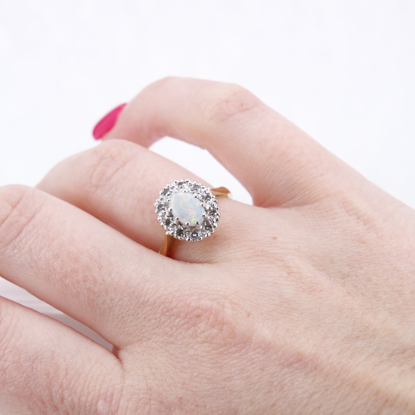 Opal and Diamond Halo Ring 18ct Yellow Gold. Vintage Opal and Diamond Ring