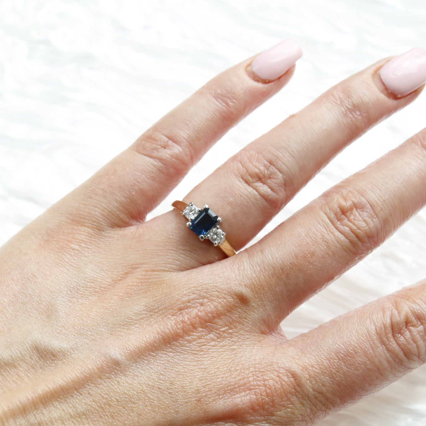 18ct Yellow gold Sapphire and Diamond Three Stone Ring Vintage Sapphire Ring
