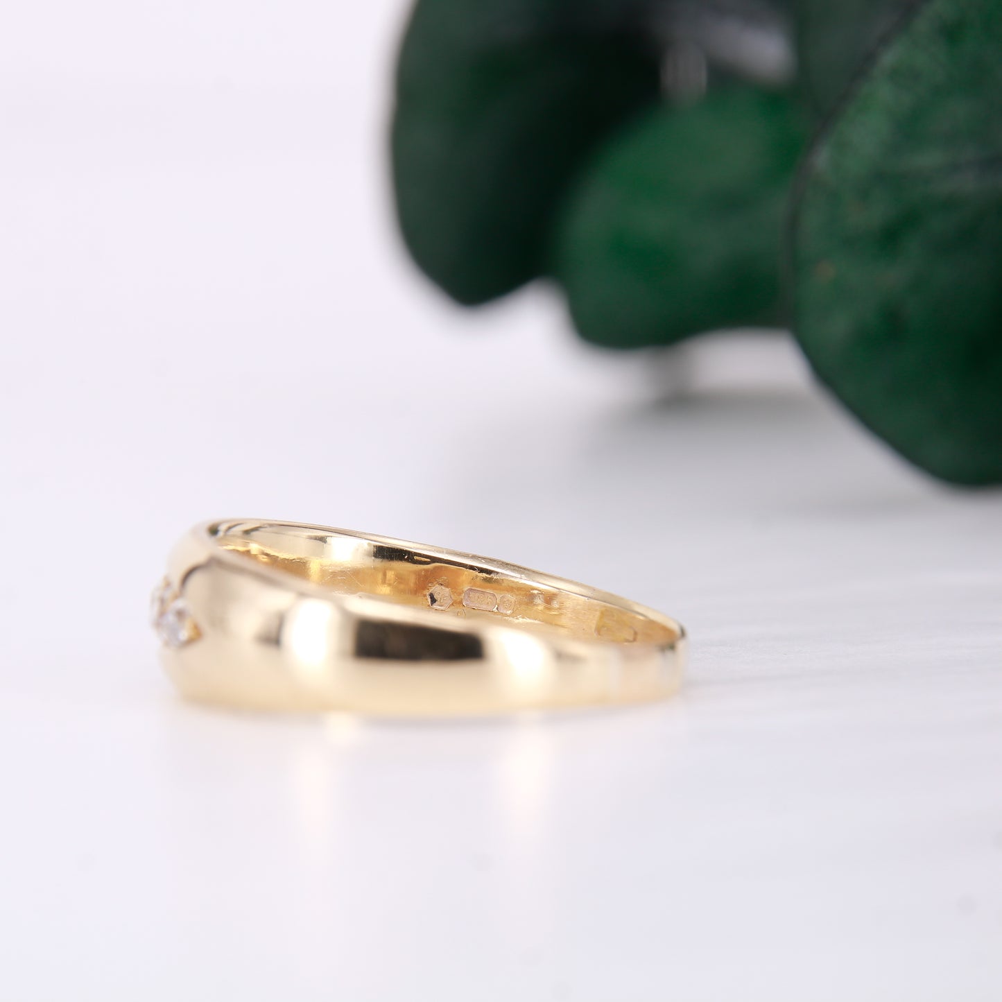 Vintage Diamond Gypsy Ring, 5 Old mine Cut Diamond Ring. 14ct second hand vintage diamond wedding band. Hallmark image