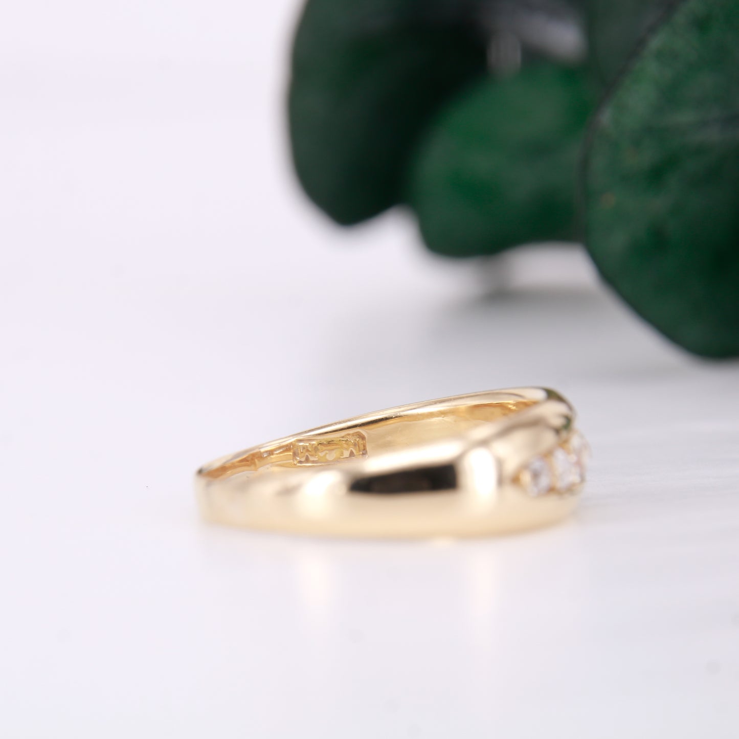 Vintage Diamond Gypsy Ring, 5 Old mine Cut Diamond Ring. 14ct second hand vintage diamond wedding band.