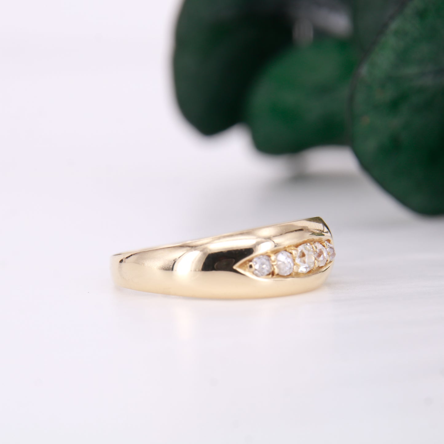 Vintage Diamond Gypsy Ring, 5 Old mine Cut Diamond Ring. 14ct second hand vintage diamond wedding band.