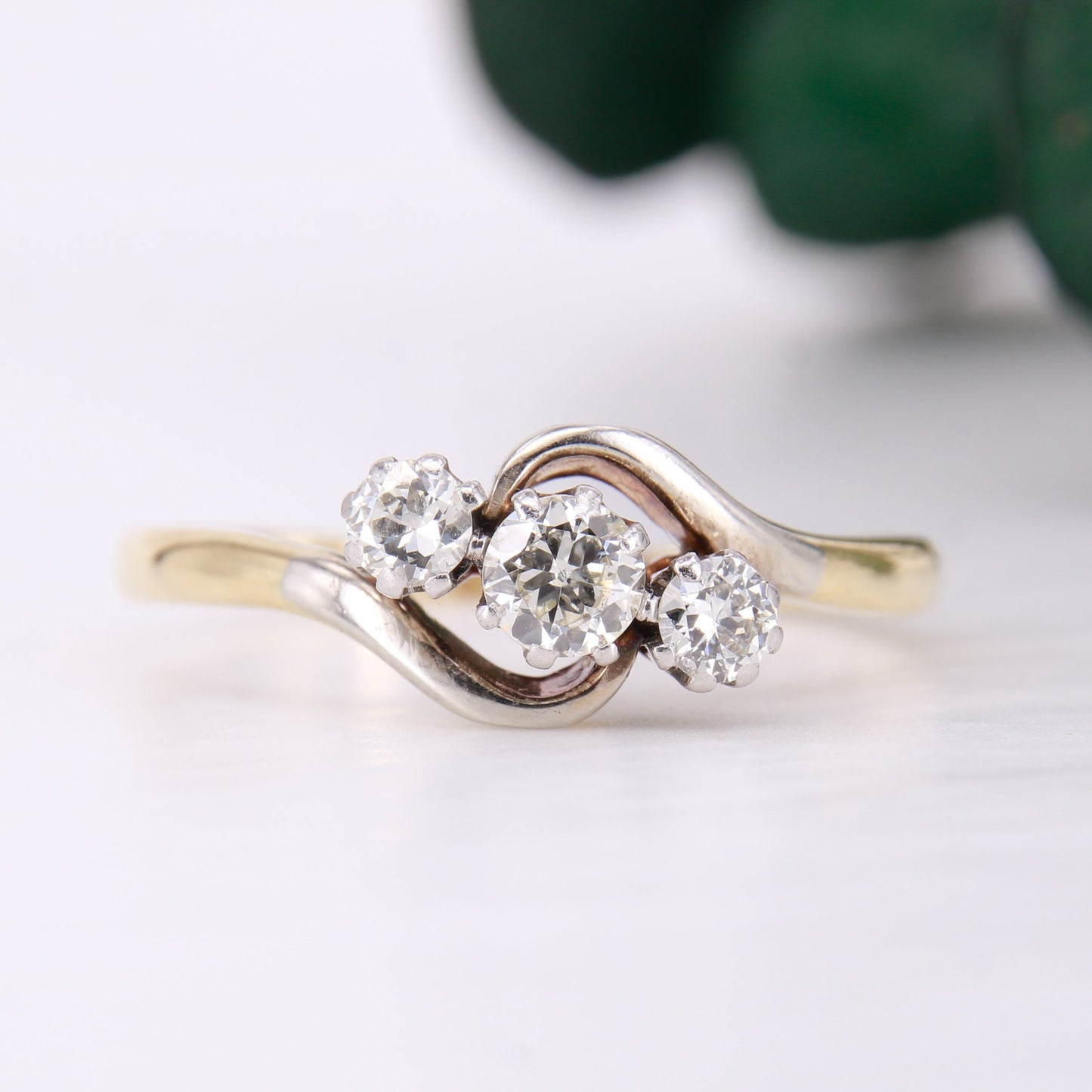 Vintage Circa 1930's Diamond Trilogy Ring set in 18ct Yellow Gold and Platinum. Secondhand Diamond Trilogy Ring.