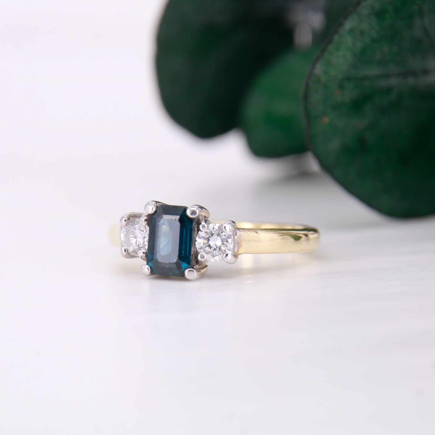 Sapphire and diamond three stone ring 18ct Yellow gold Sapphire and Diamond Three Stone Ring Vintage Sapphire Ring