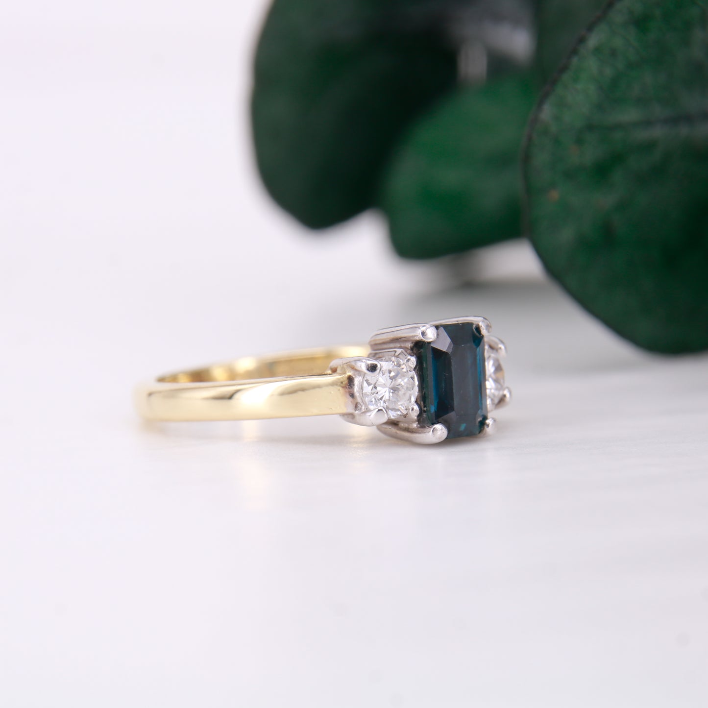 18ct Yellow gold Sapphire and Diamond Three Stone Ring Vintage Sapphire Ring