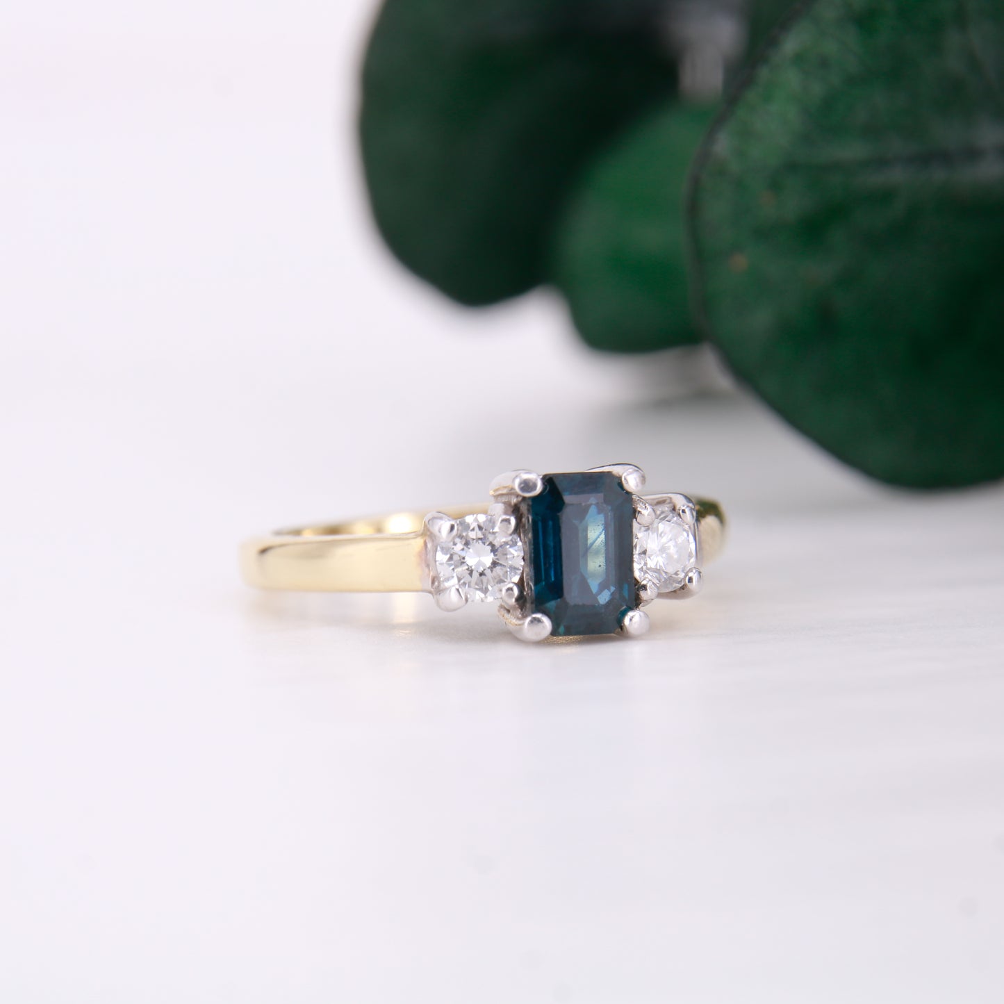 18ct Yellow gold Sapphire and Diamond Three Stone Ring Vintage Sapphire Ring