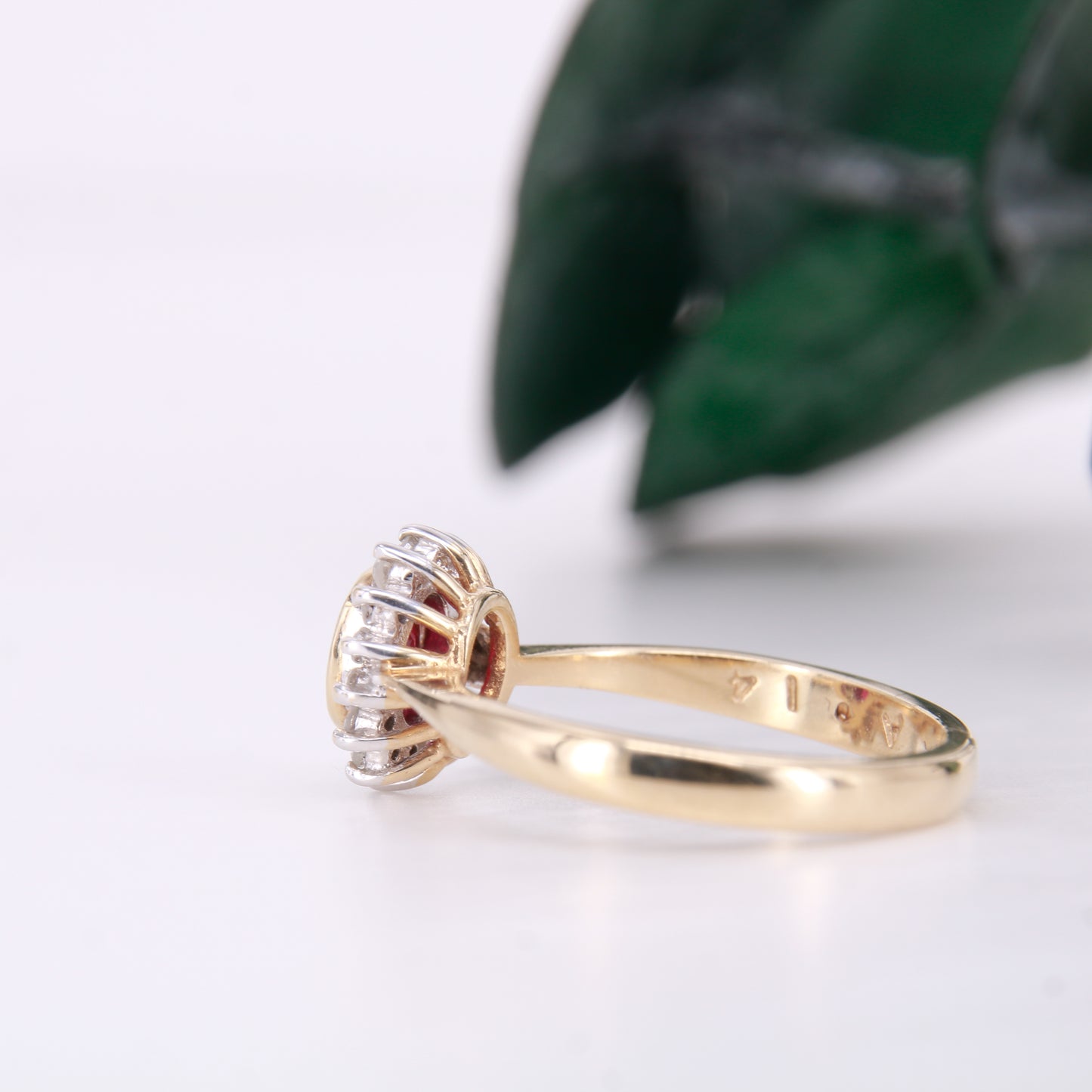 Vintage Garnet and Diamond Ring, Oval Cut Garnet surrounded by a halo of diamonds set in 9ct yellow gold. January birthstone engagement ring.
