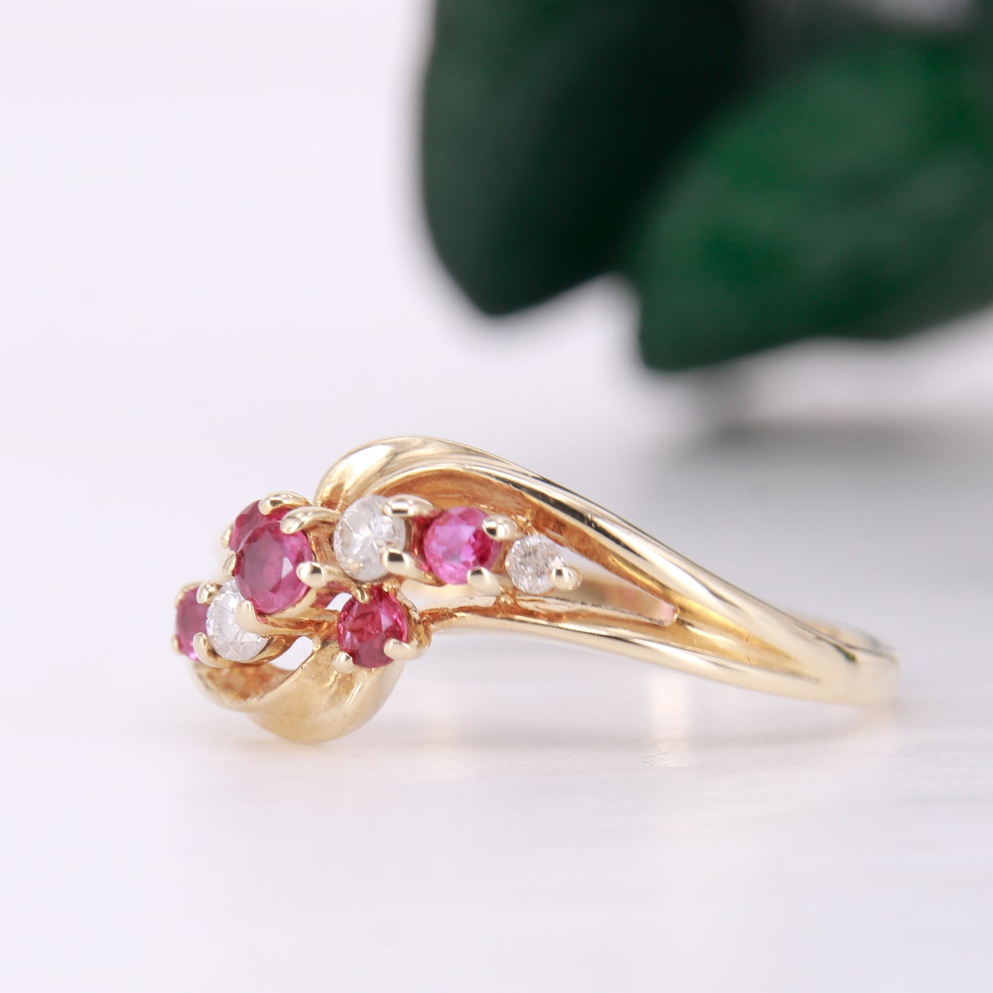 Secondhand Vintage Ruby and Diamond Twist ring. Ruby eternity ring 9ct yellow gold.