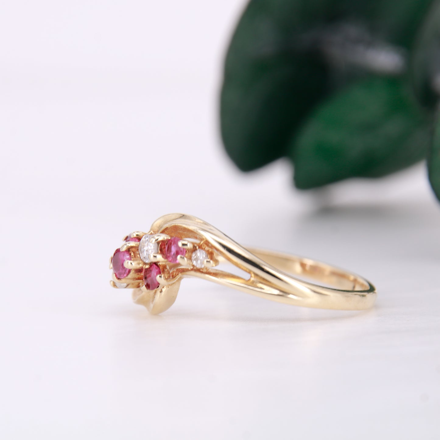 Secondhand Vintage Ruby and Diamond Twist ring. Ruby eternity ring 9ct yellow gold.