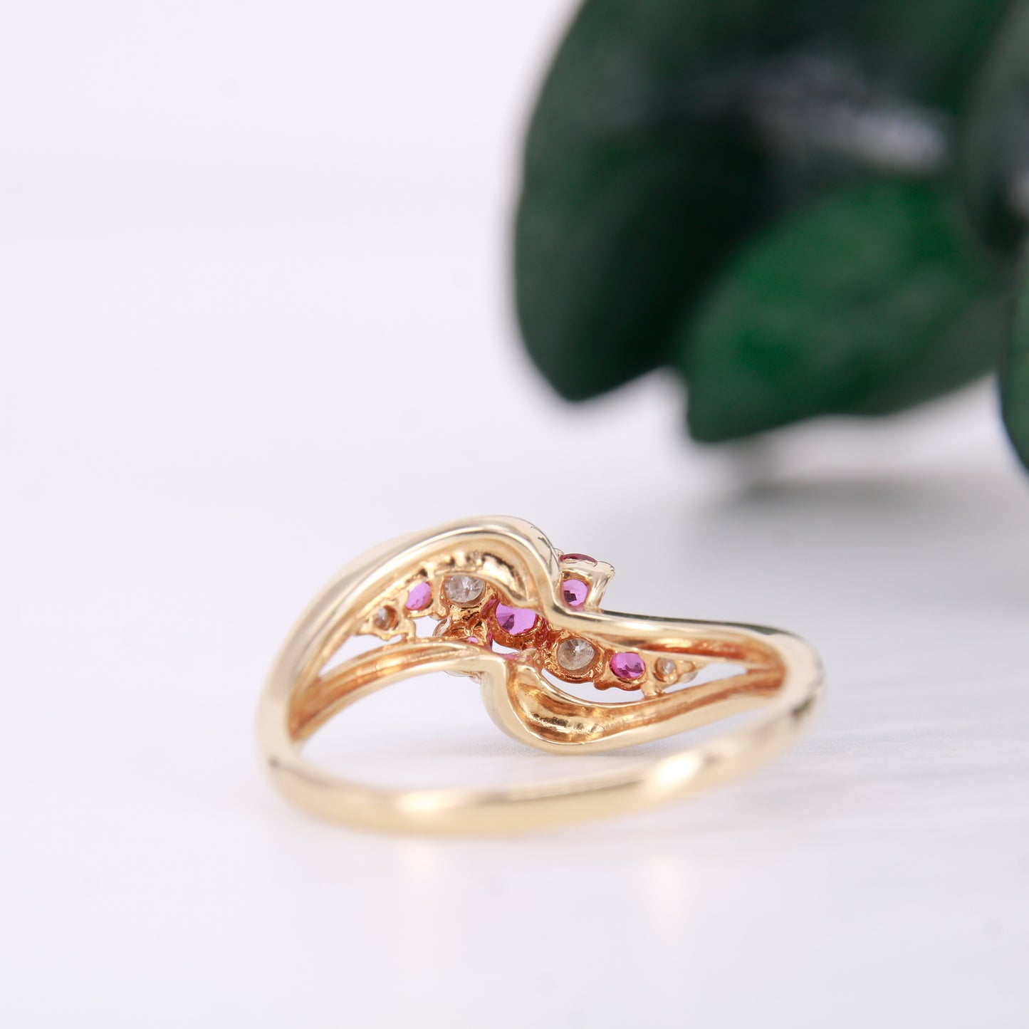 Secondhand Vintage Ruby and Diamond Twist ring. Ruby eternity ring 9ct yellow gold.