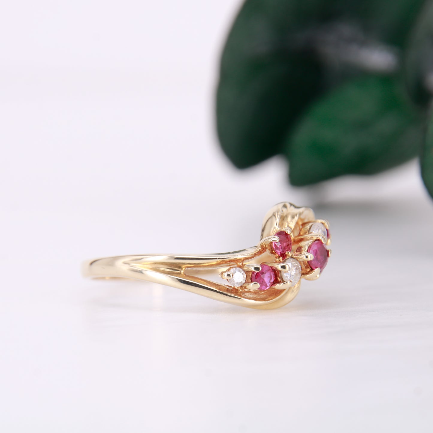 Secondhand Vintage Ruby and Diamond Twist ring. Ruby eternity ring 9ct yellow gold.