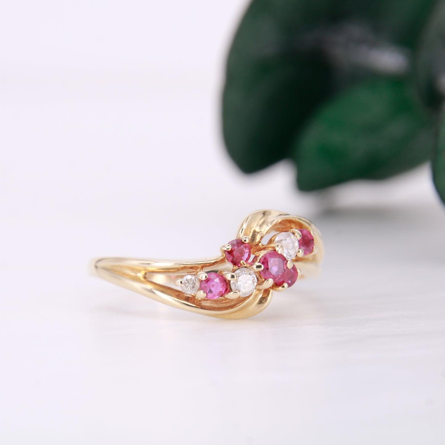 Secondhand Vintage Ruby and Diamond Twist ring. Ruby eternity ring 9ct yellow gold.