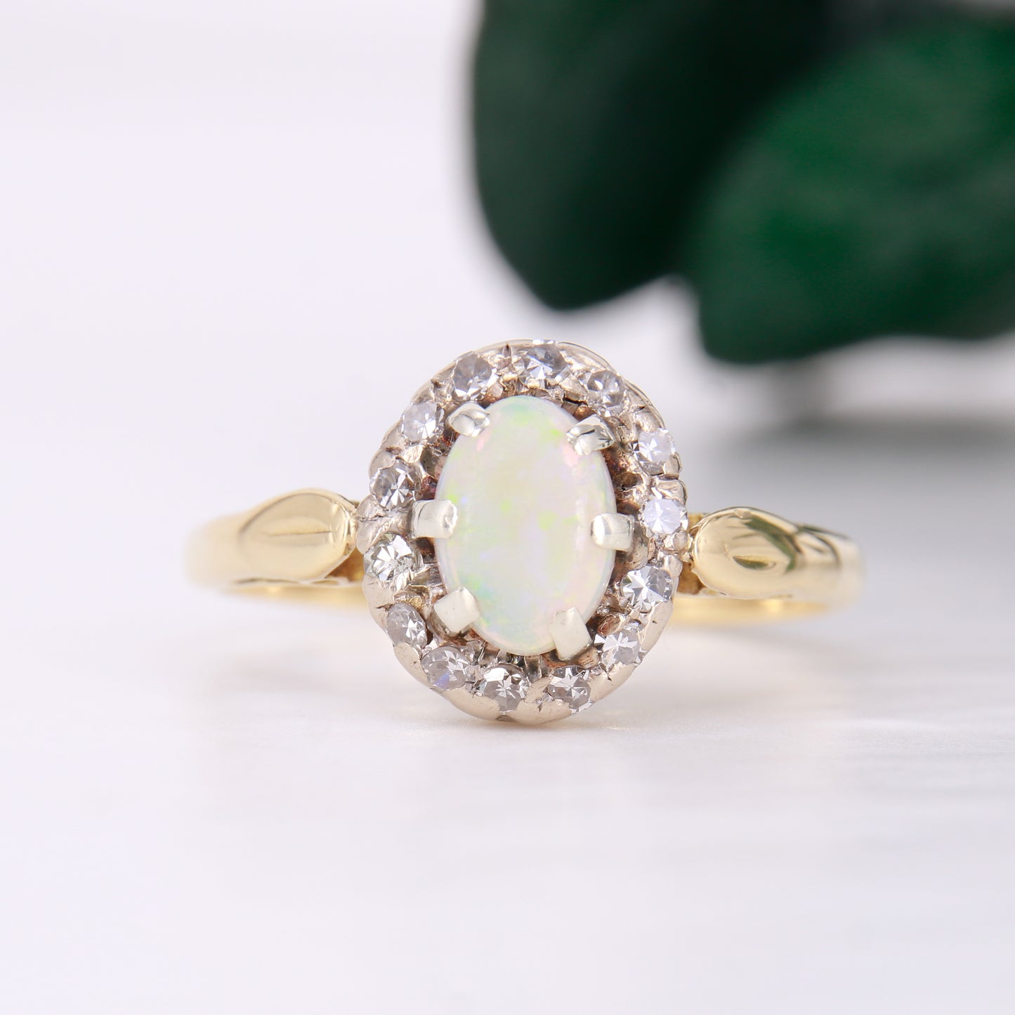Vintage Opal and Diamond Ring, Antique Opal and Diamond Halo Ring 18ct Yellow Gold.
