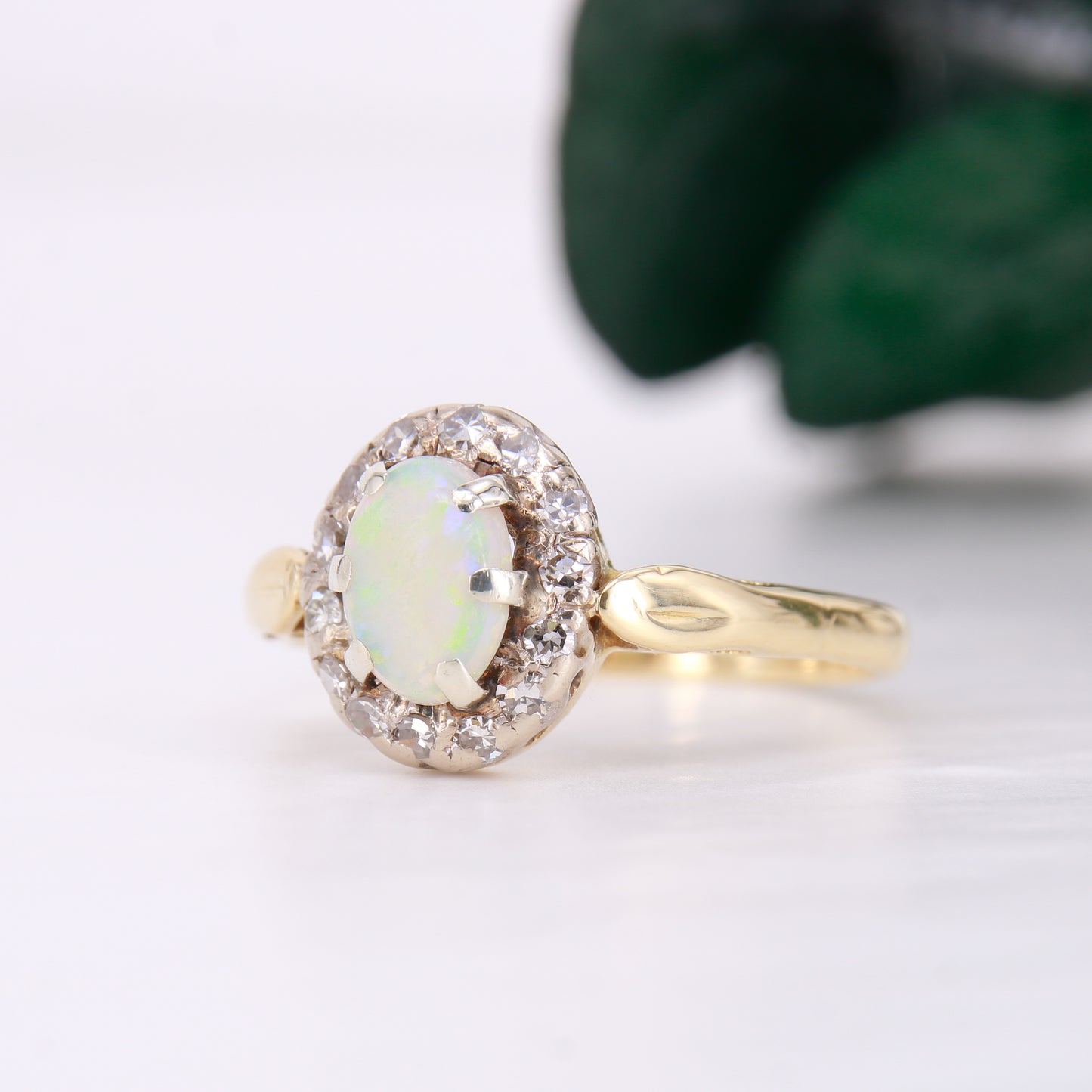 Vintage Opal and Diamond Ring, Antique Opal and Diamond Halo Ring 18ct Yellow Gold.