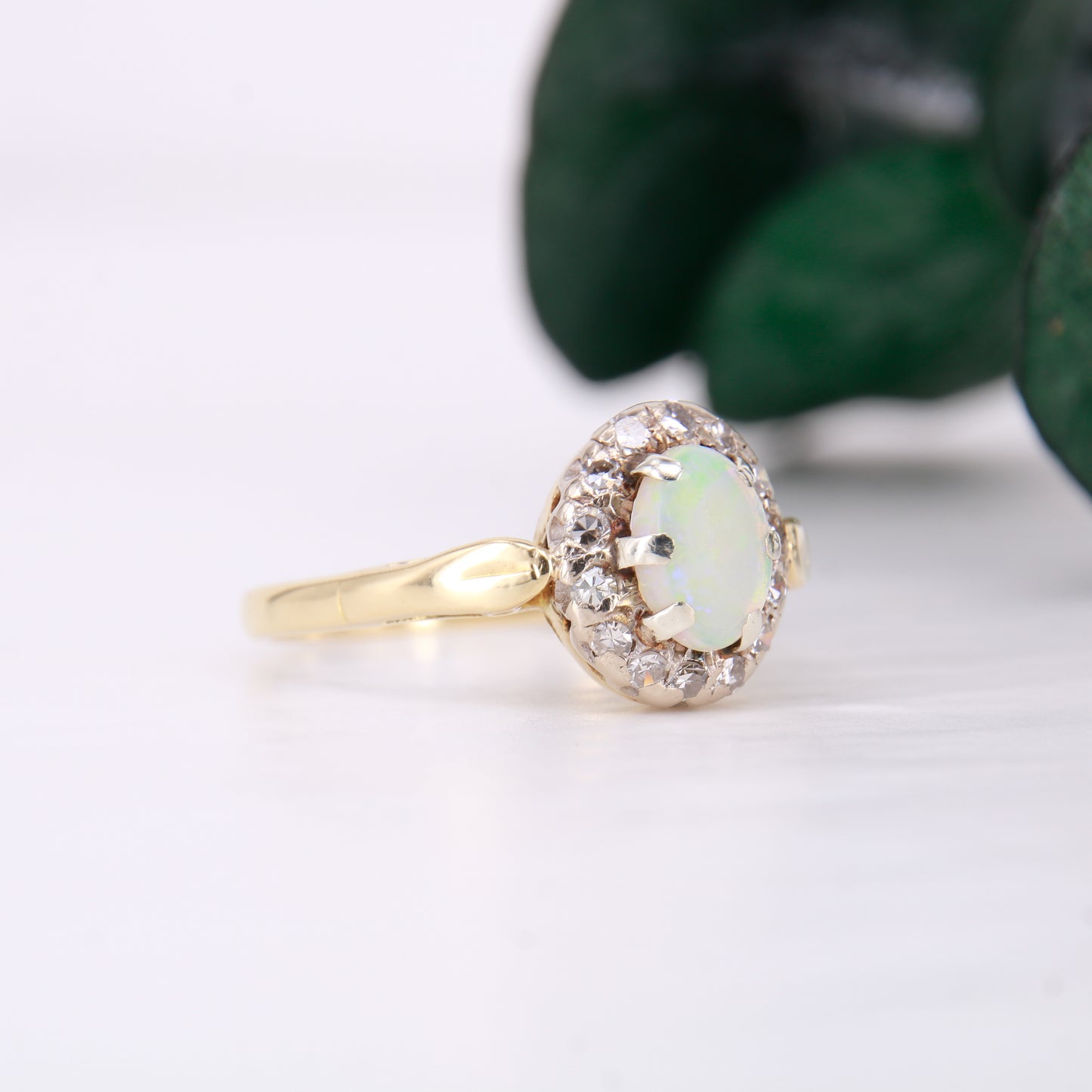 Vintage Opal and Diamond Ring, Antique Opal and Diamond Halo Ring 18ct Yellow Gold.