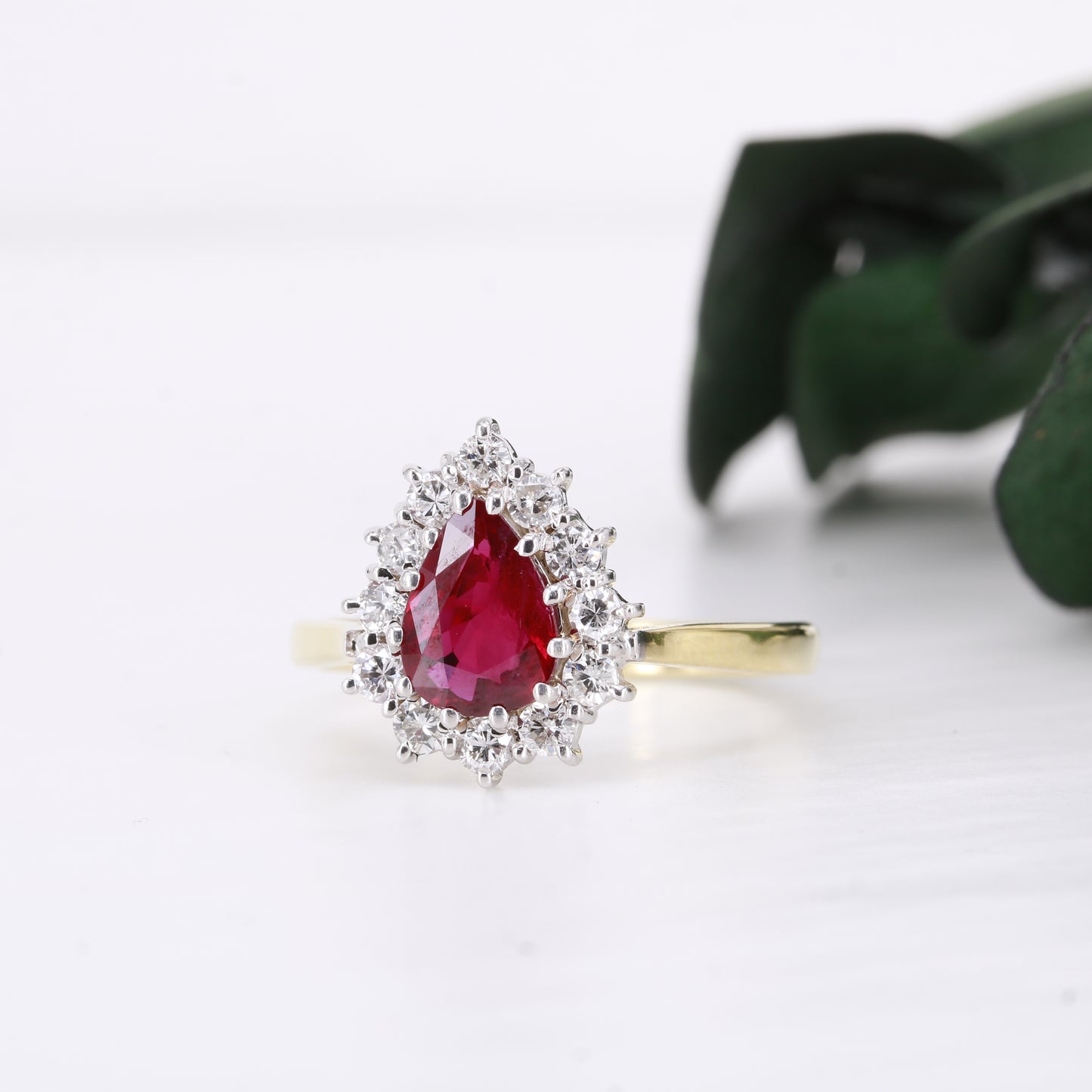 Ruby and Diamond 18ct Gold Pear Cut Ring Vintage Secondhand Pre-Owned Jewellery Side 1