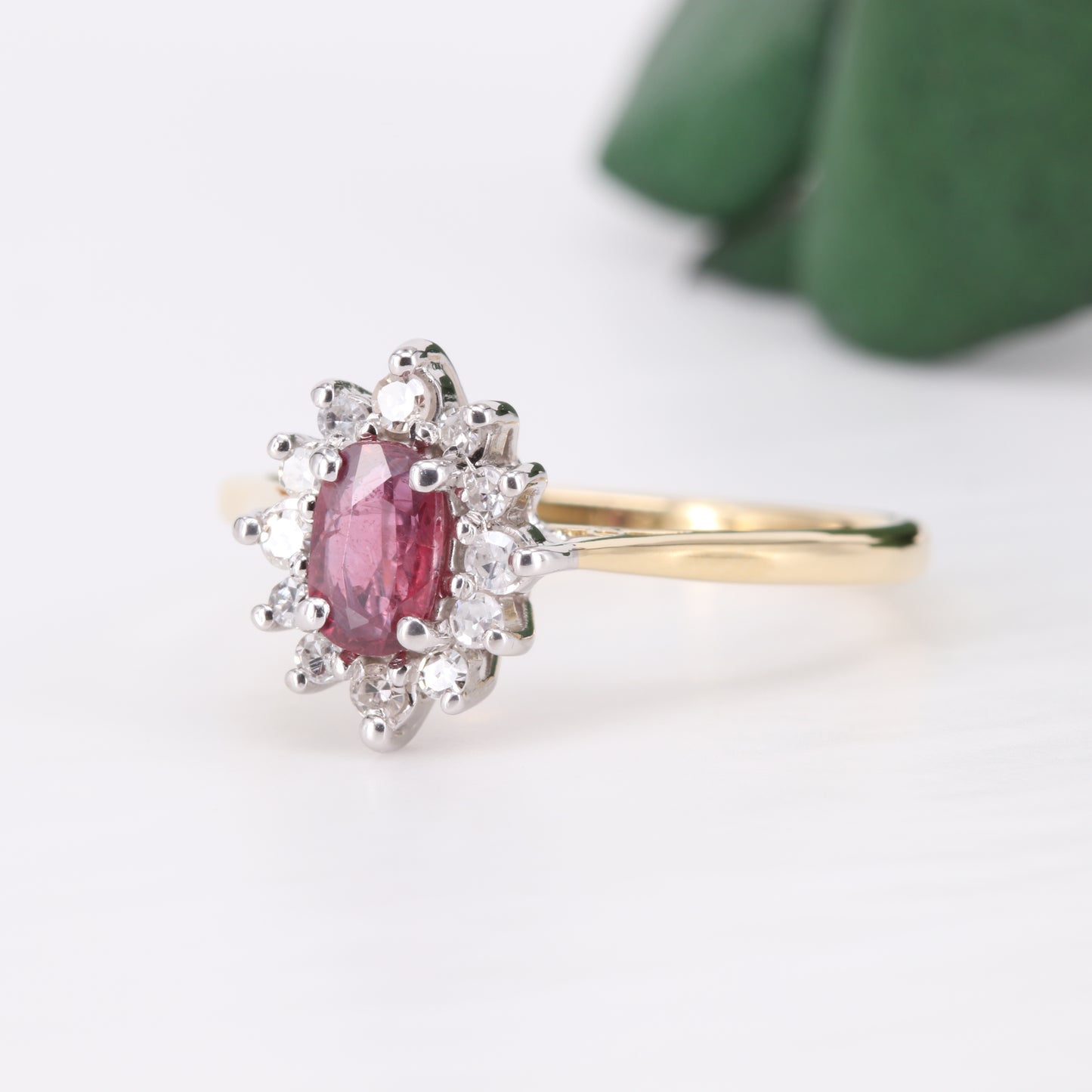 Ruby and Diamond Halo 18ct Gold Ring 1992 Vintage Secondhand Pre-Owned Jewellery Side 1