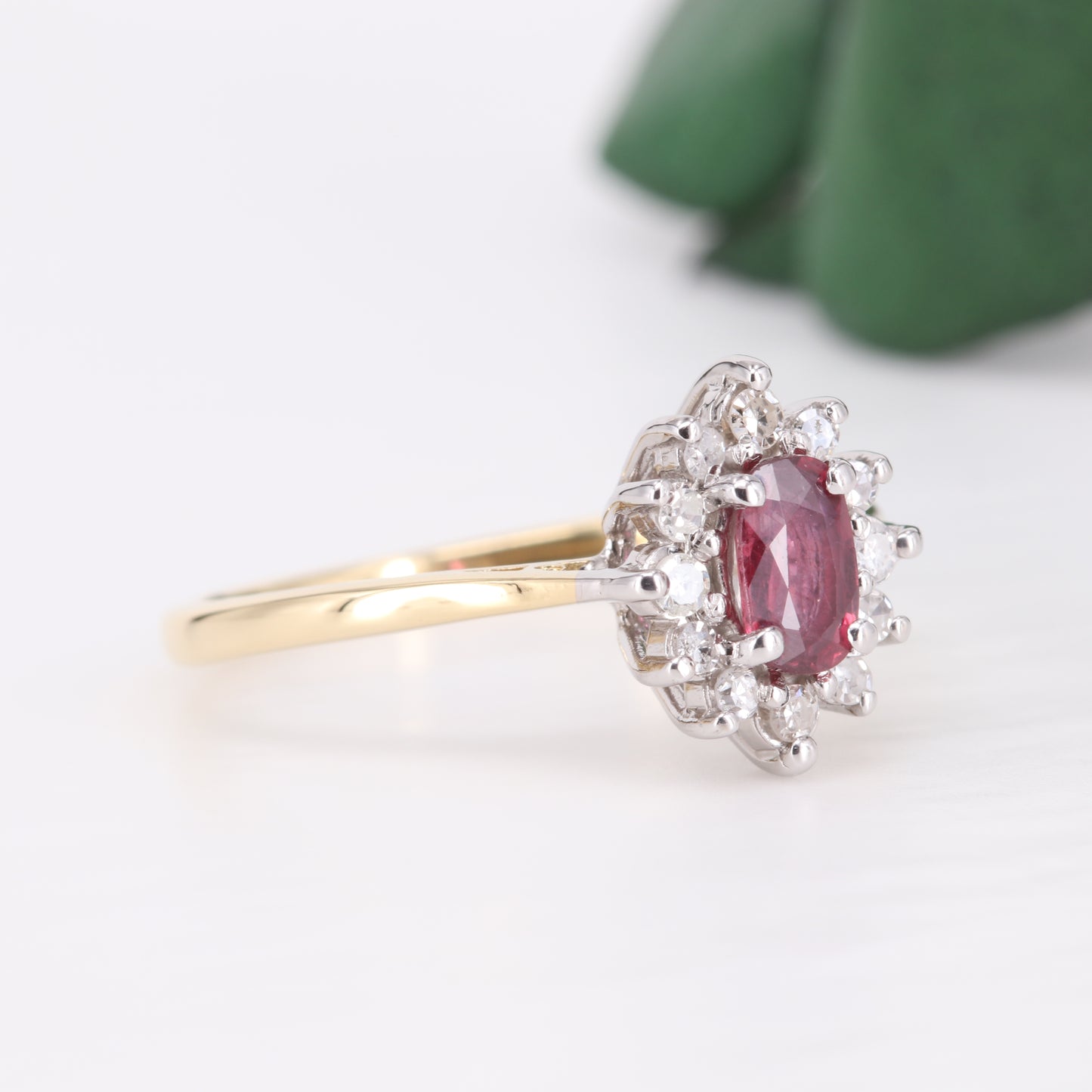Ruby and Diamond Halo 18ct Gold Ring 1992 Vintage Secondhand Pre-Owned Jewellery Side 2