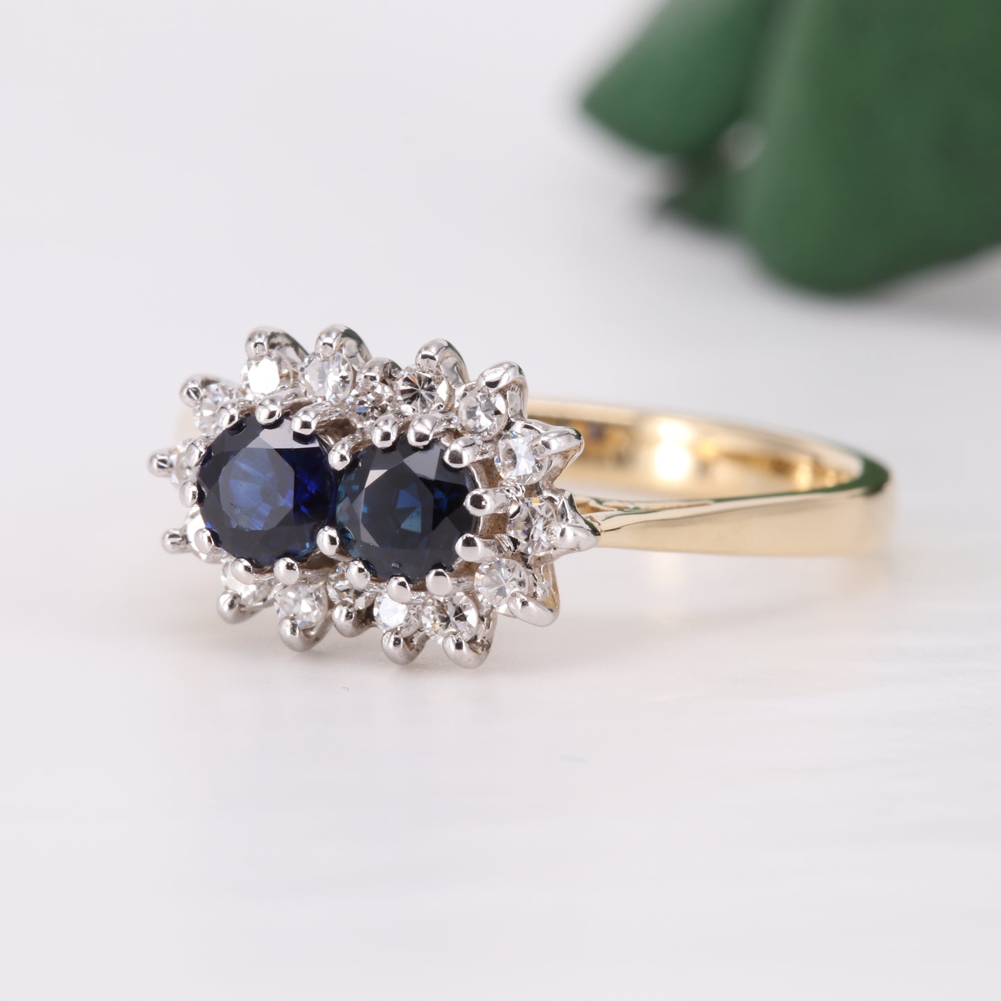 Sapphire and Diamond Two-Stone 18ct Gold Ring 1981 Vintage Secondhand Pre-Owned Jewellery Side 1