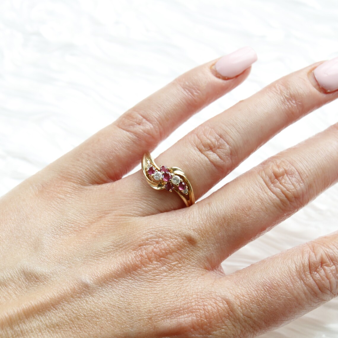 Secondhand Vintage Ruby and Diamond Twist ring. Ruby eternity ring 9ct yellow gold.