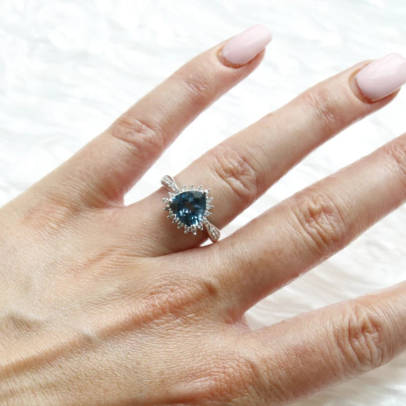 9ct White Gold Trillion Cut Blue Topaz and Diamond Ring