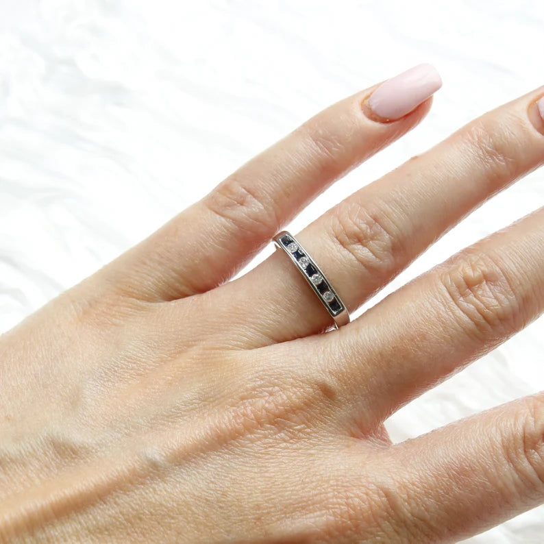 Vintage Secondhand Sapphire and Diamond Eternity Ring 9ct White Gold,9k Sapphire Diamond Wedding Band