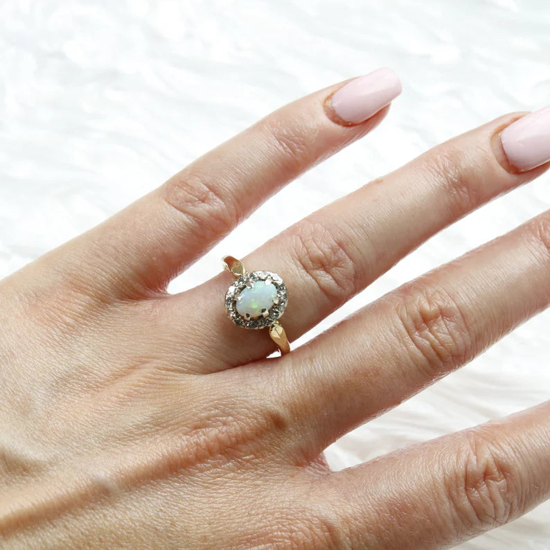 9ct Yellow Gold Opal and Diamond Halo Ring