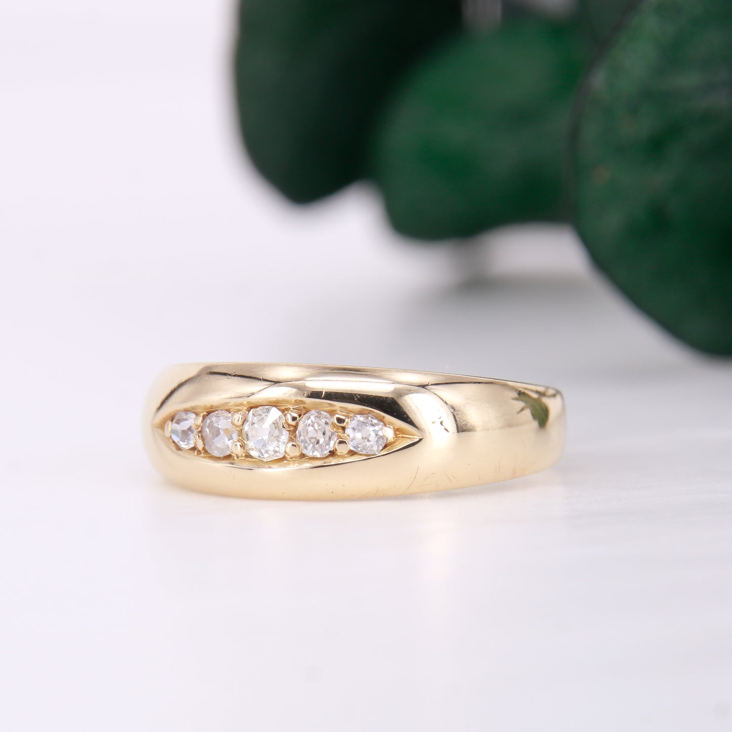Vintage Diamond Gypsy Ring, 5 Old mine Cut Diamond Ring. 14ct second hand vintage diamond wedding band. Side image