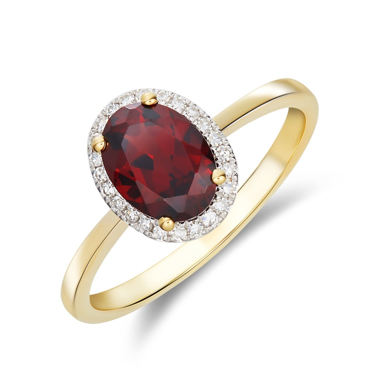 9ct Yellow Gold Oval Garnet & Diamond Cluster Ring