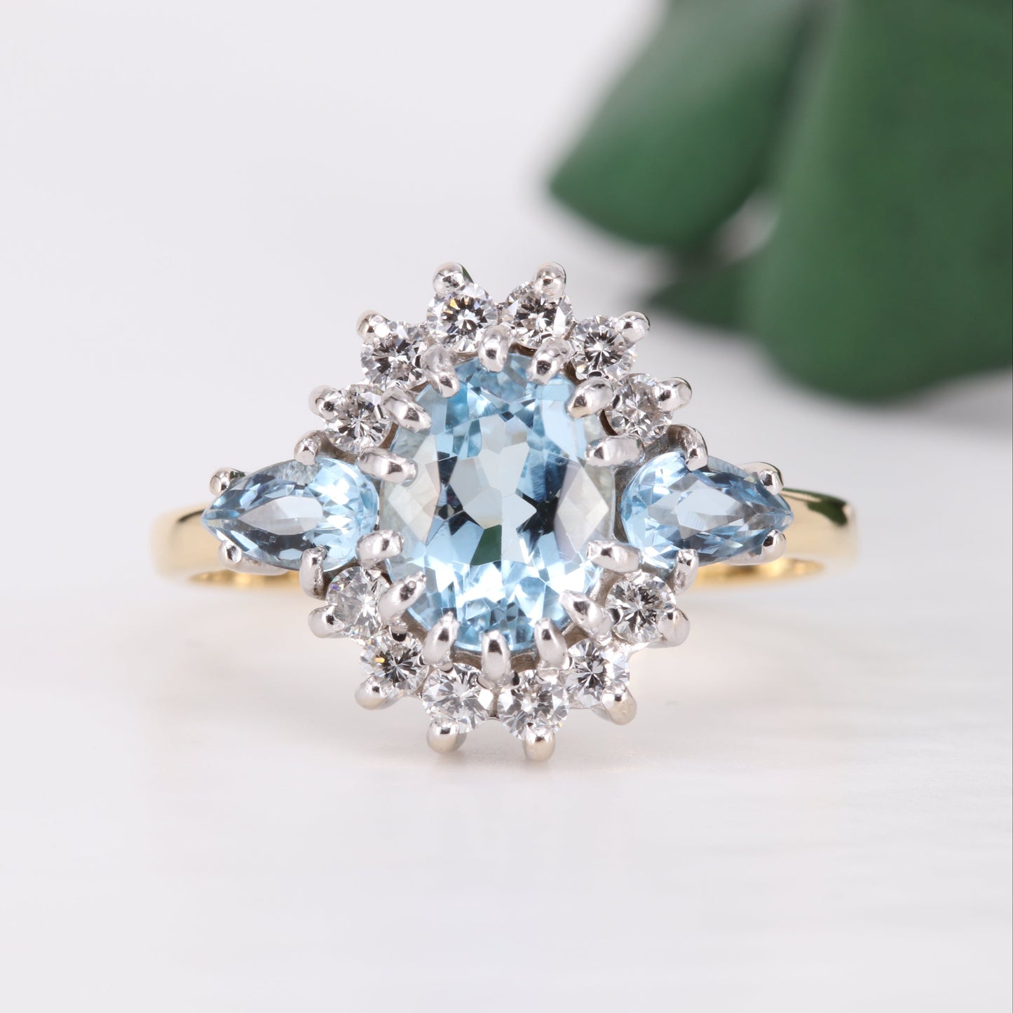 Aquamarine and Diamond 18ct Gold Ring 1987 Vintage Secondhand Pre-Owned Jewellery Front