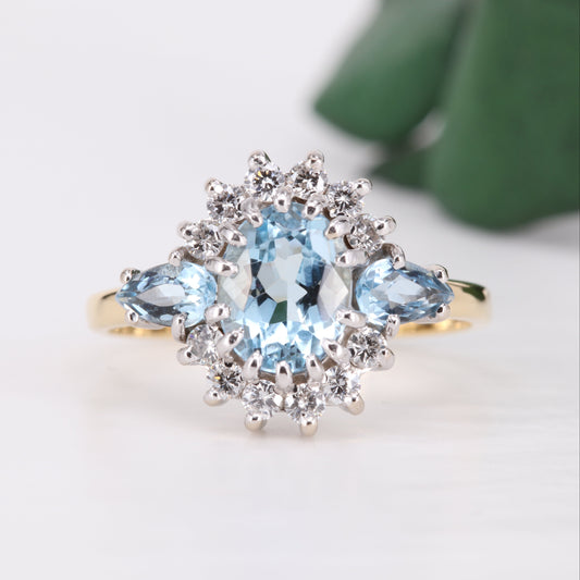 Aquamarine and Diamond 18ct Gold Ring 1987 Vintage Secondhand Pre-Owned Jewellery Front