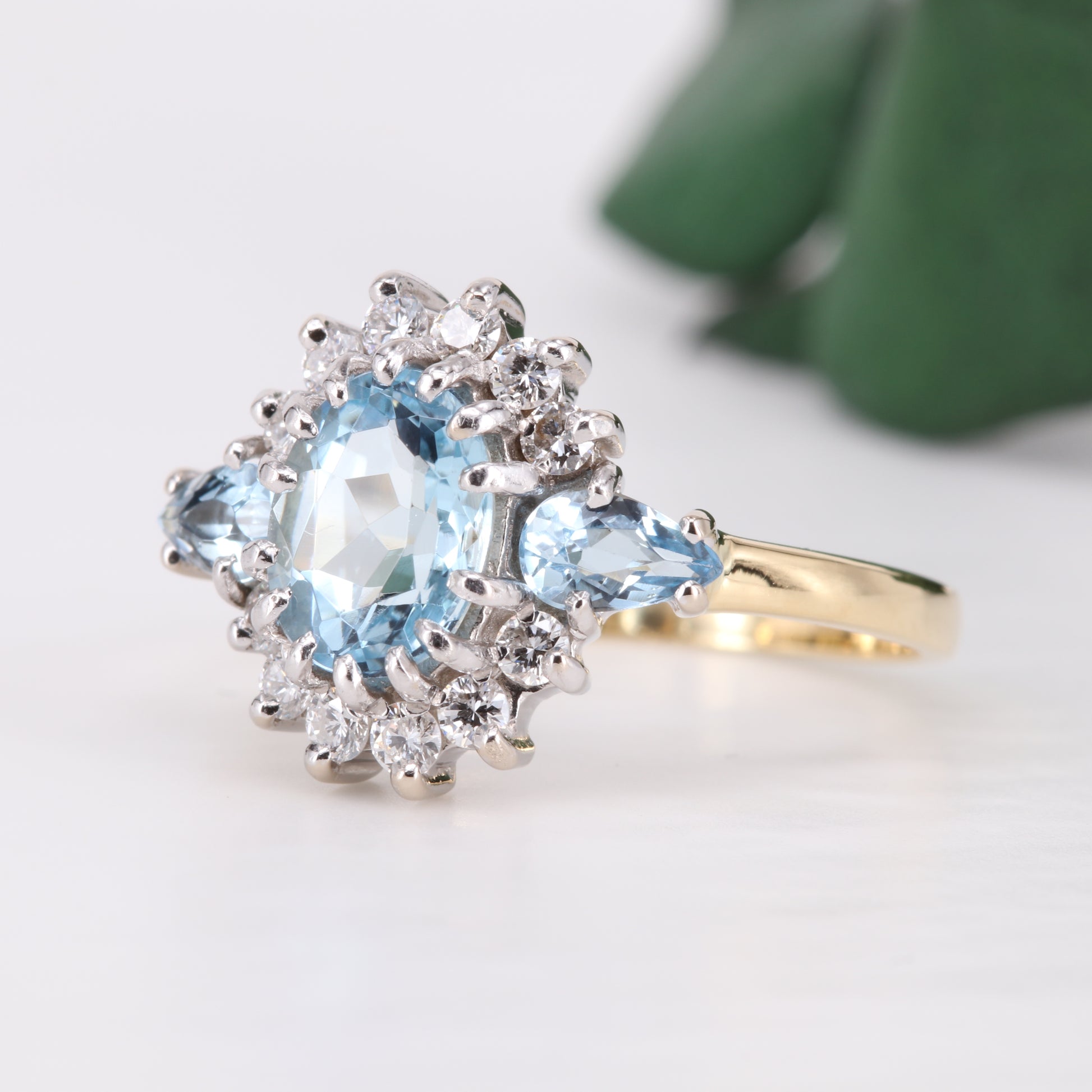 Aquamarine and Diamond 18ct Gold Ring 1987 Vintage Secondhand Pre-Owned Jewellery Side 1