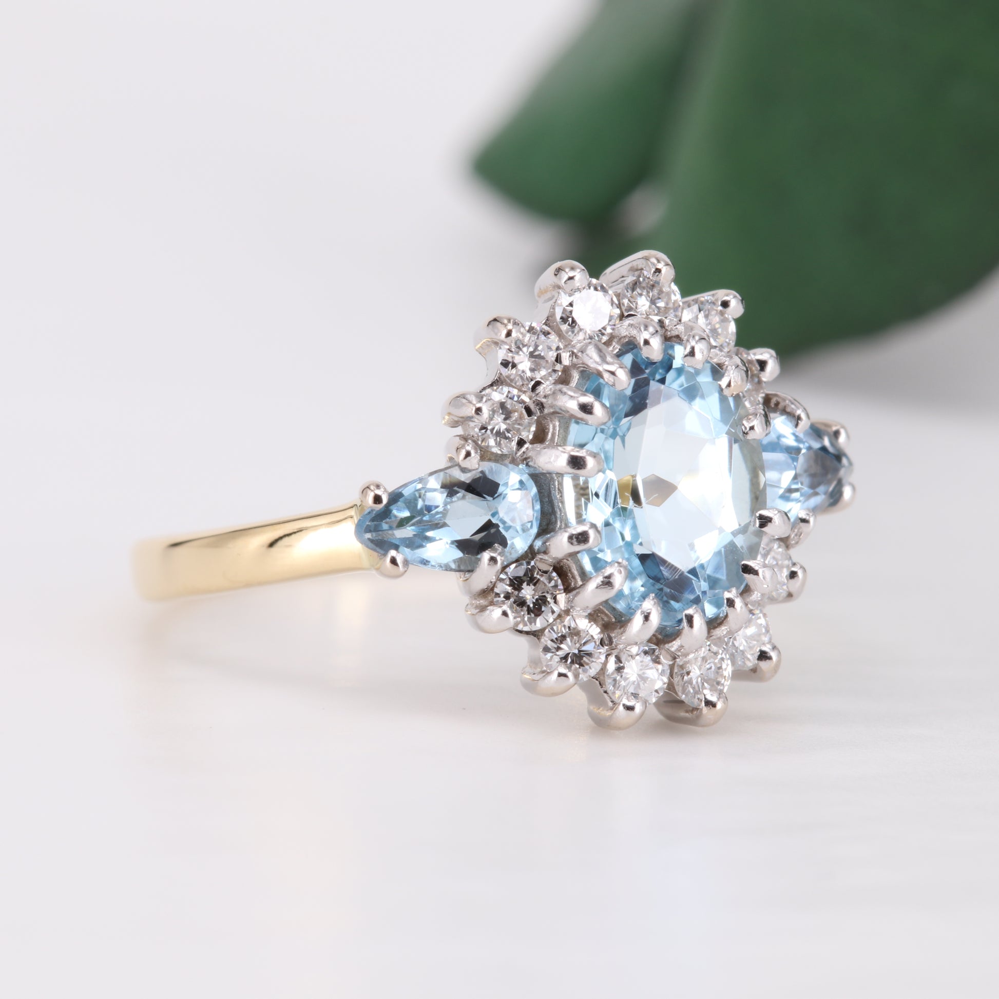 Aquamarine and Diamond 18ct Gold Ring 1987 Vintage Secondhand Pre-Owned Jewellery Side 2