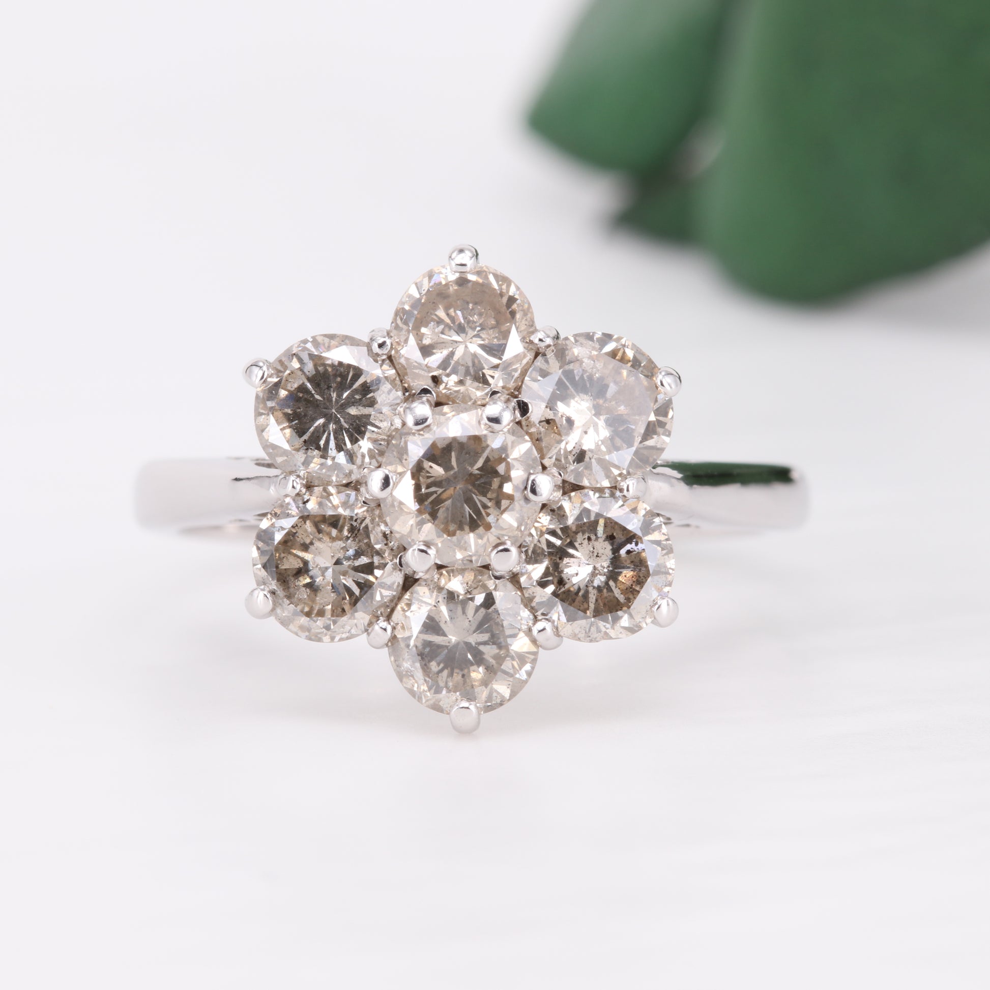 Diamond Flower Cluster Ring 18ct White Gold 2.45ct Vintage Secondhand Pre-Owned Jewellery Front