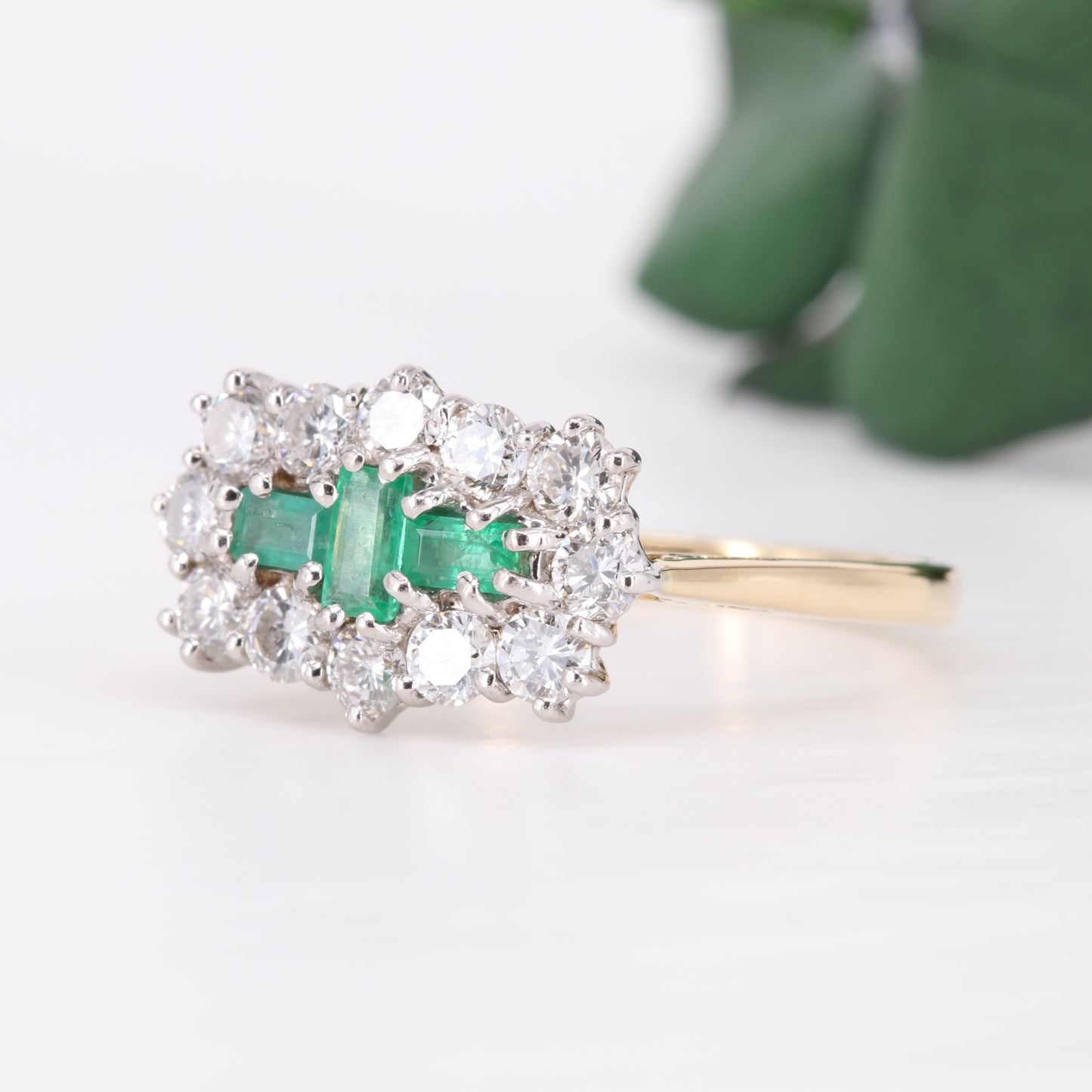 Emerald and Diamond Cluster 18ct Gold Ring Vintage Secondhand Pre-Owned Jewellery Side 1