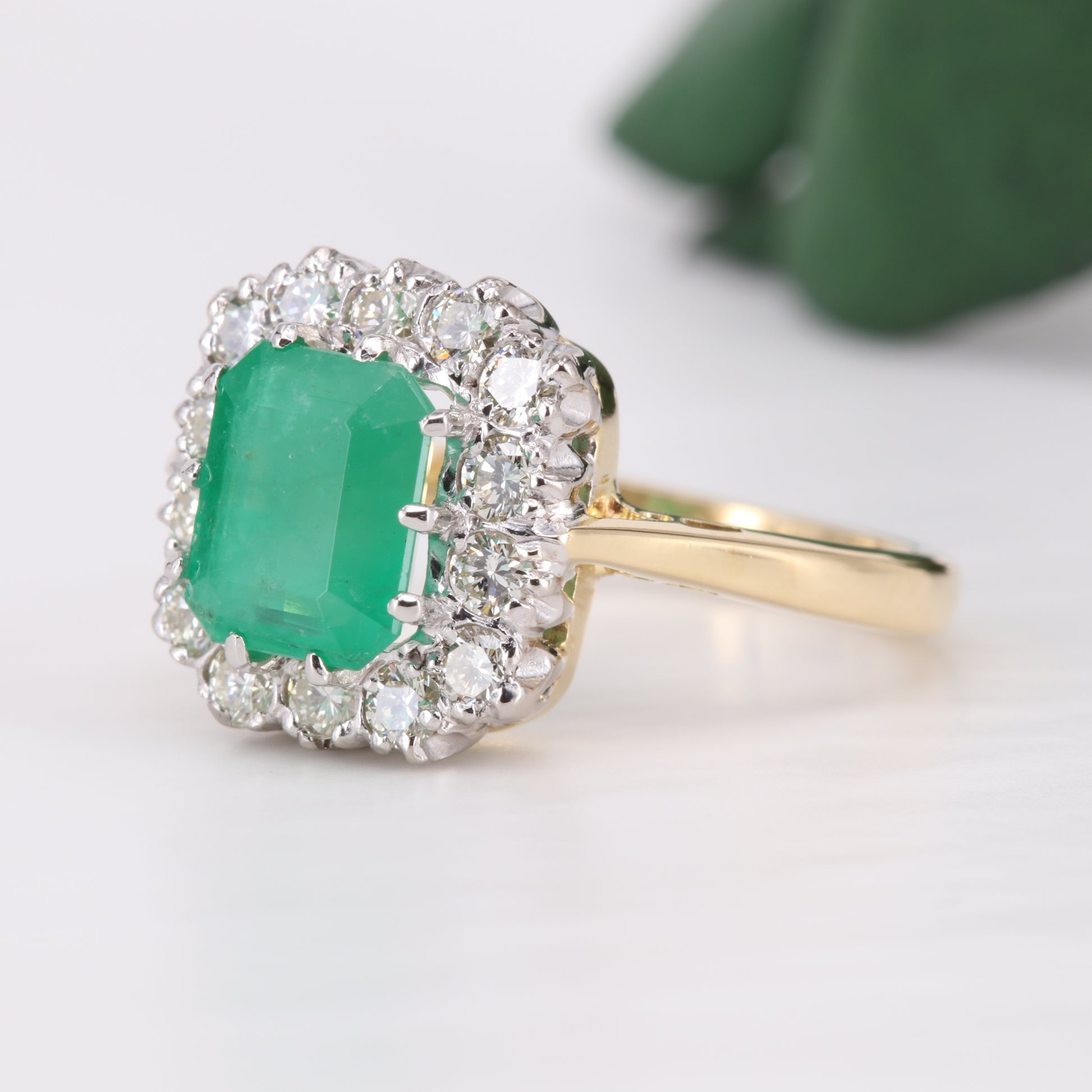 Emerald and Diamond Engagement 18ct Gold Ring 1976 Vintage Secondhand Pre-Owned Jewellery Side 1