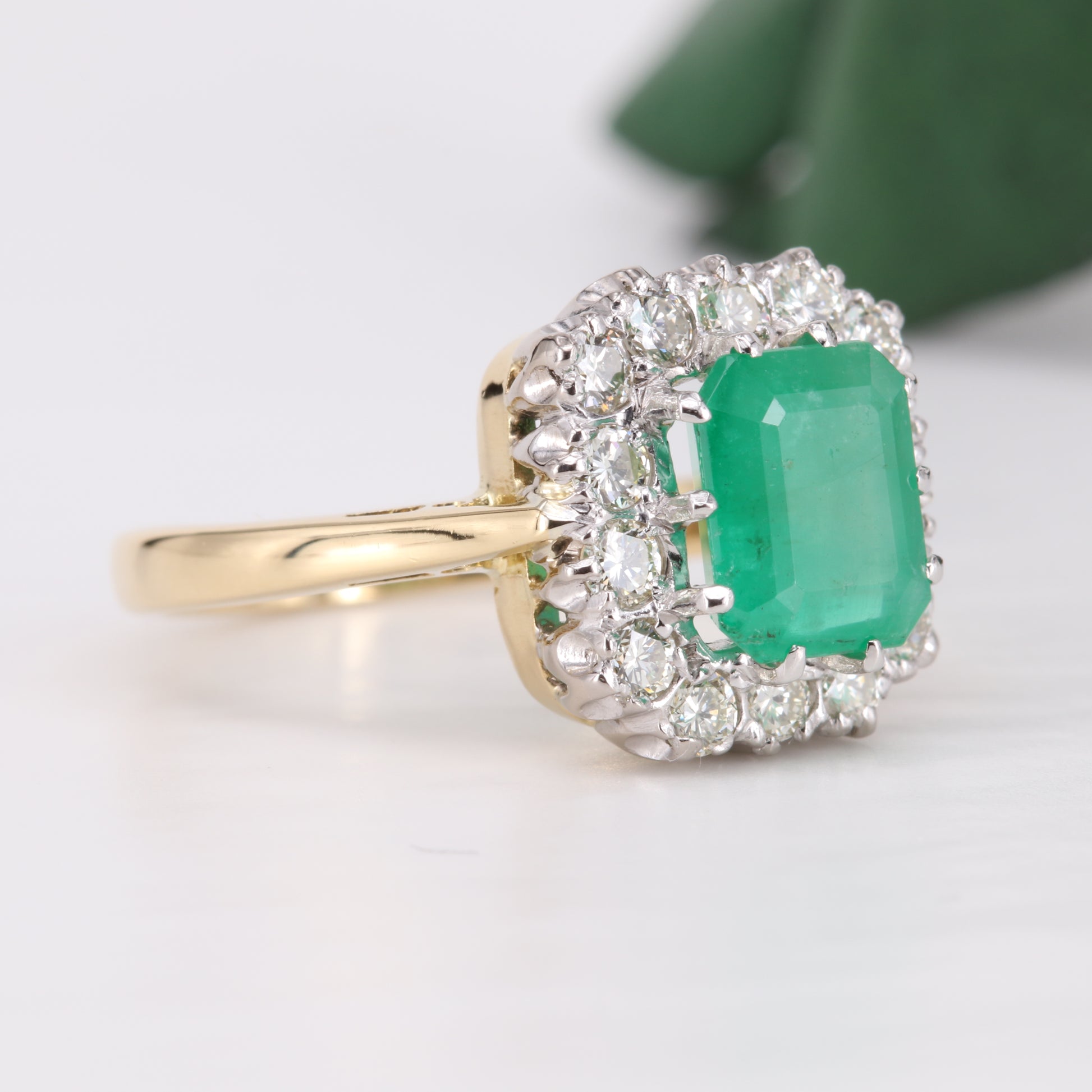 Emerald and Diamond Engagement 18ct Gold Ring 1976 Vintage Secondhand Pre-Owned Jewellery Side 2