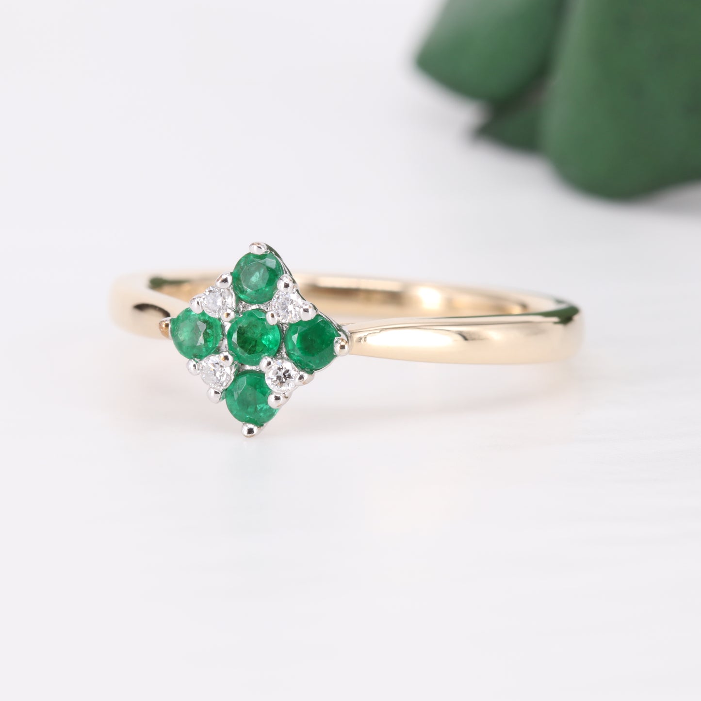 Emerald and Diamond Kite Shape 9ct Gold Ring Vintage Secondhand Pre-Owned Jewellery Side 1