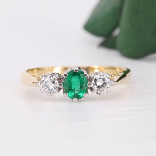 Emerald and Diamond Trilogy 18ct Gold Ring 1997 Vintage Secondhand Pre-Owned Jewellery Front