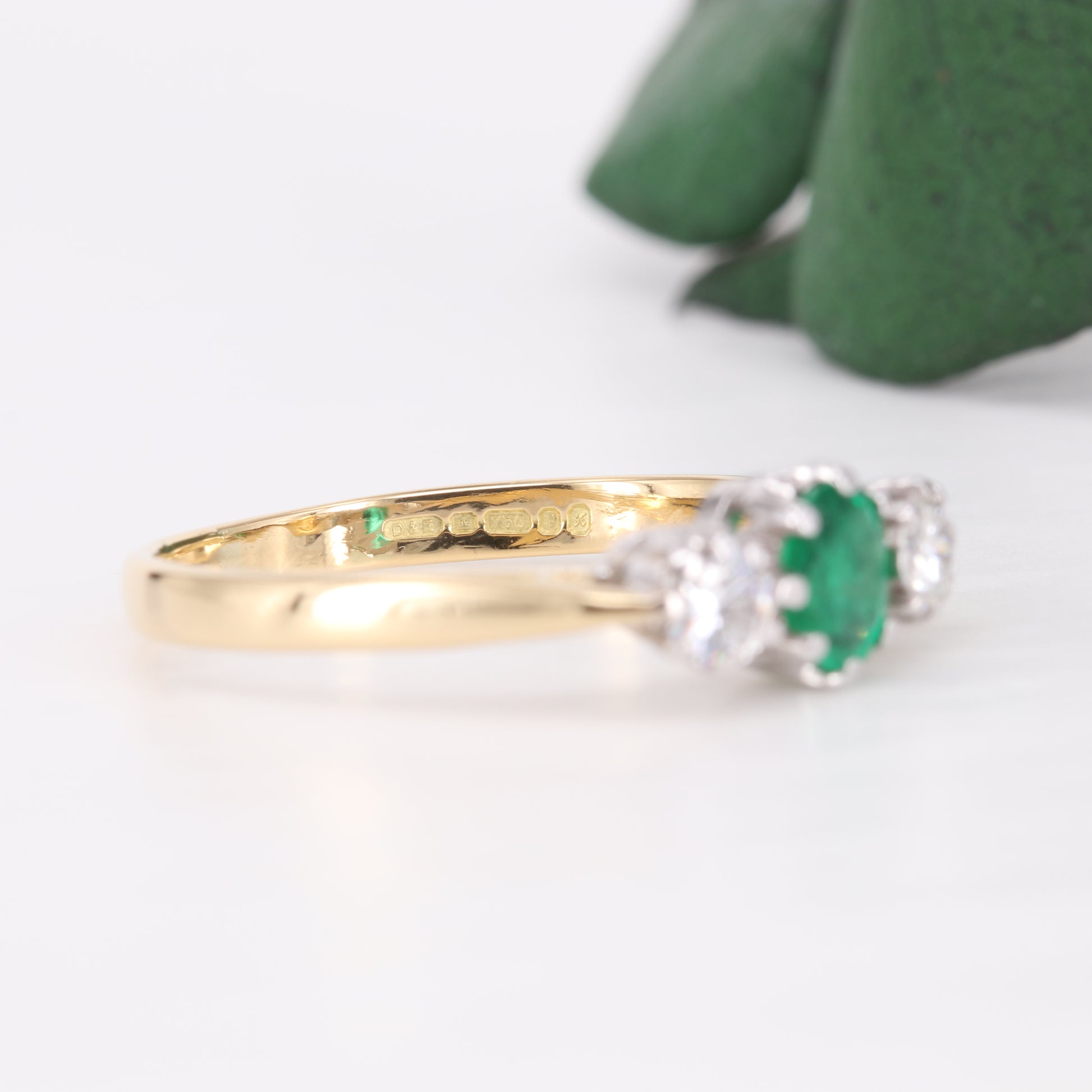 Emerald and Diamond Trilogy 18ct Gold Ring 1997 Vintage Secondhand Pre-Owned Jewellery Hallmark