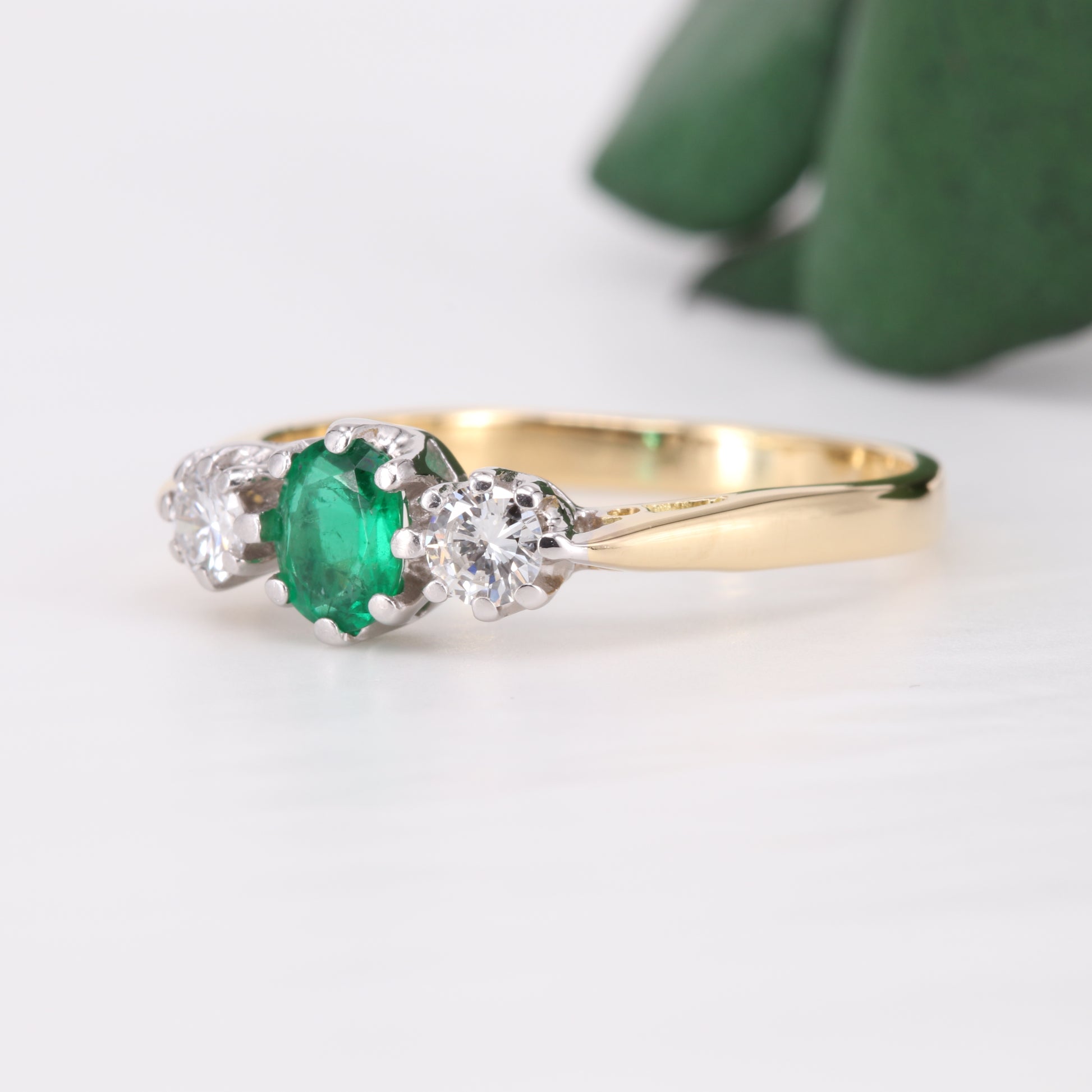 Emerald and Diamond Trilogy 18ct Gold Ring 1997 Vintage Secondhand Pre-Owned Jewellery Side 1