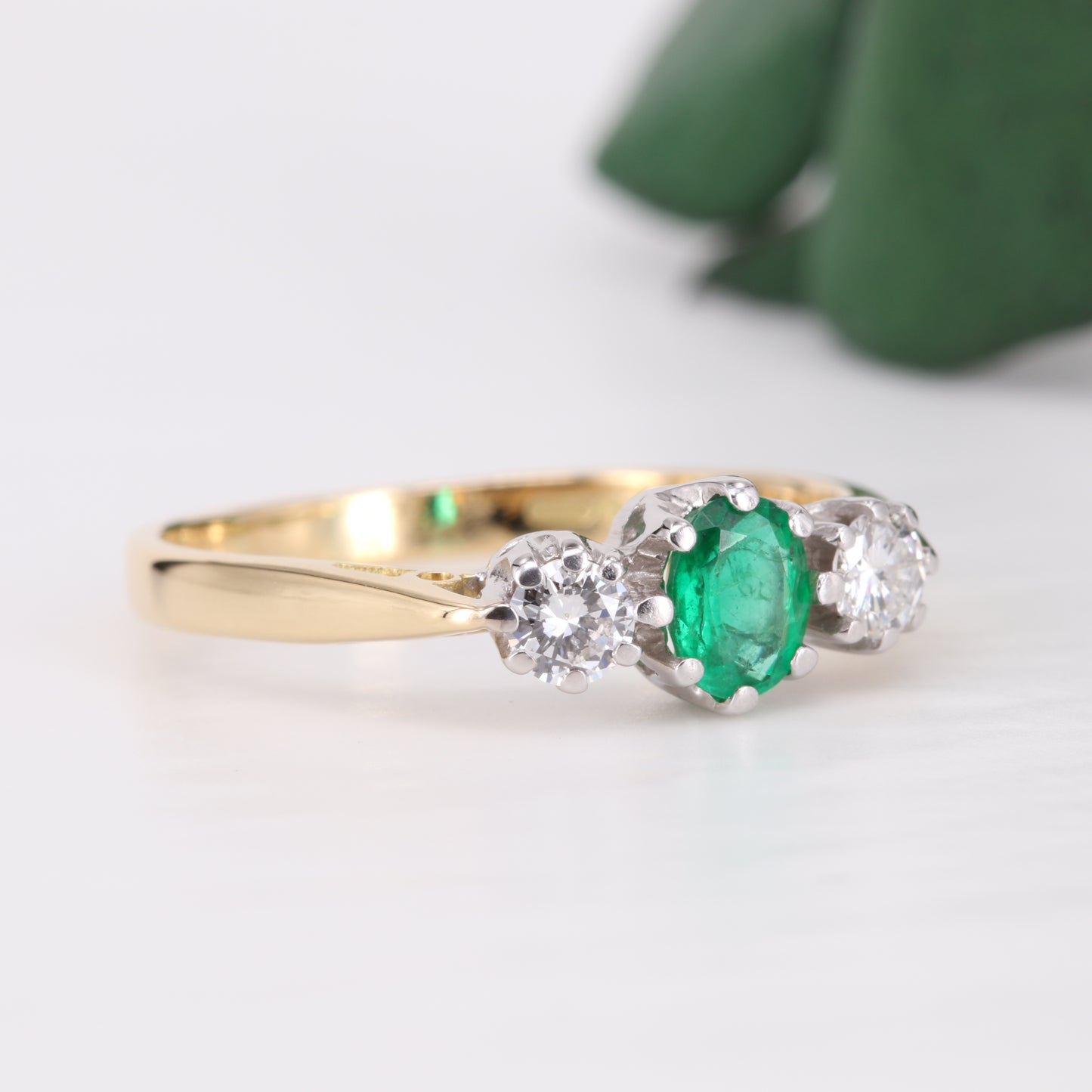 Emerald and Diamond Trilogy 18ct Gold Ring 1997 Vintage Secondhand Pre-Owned Jewellery Side 2
