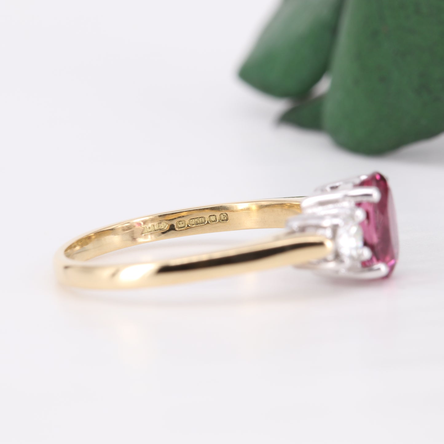 Pink Tourmaline and Diamond Trilogy 18ct Gold Ring