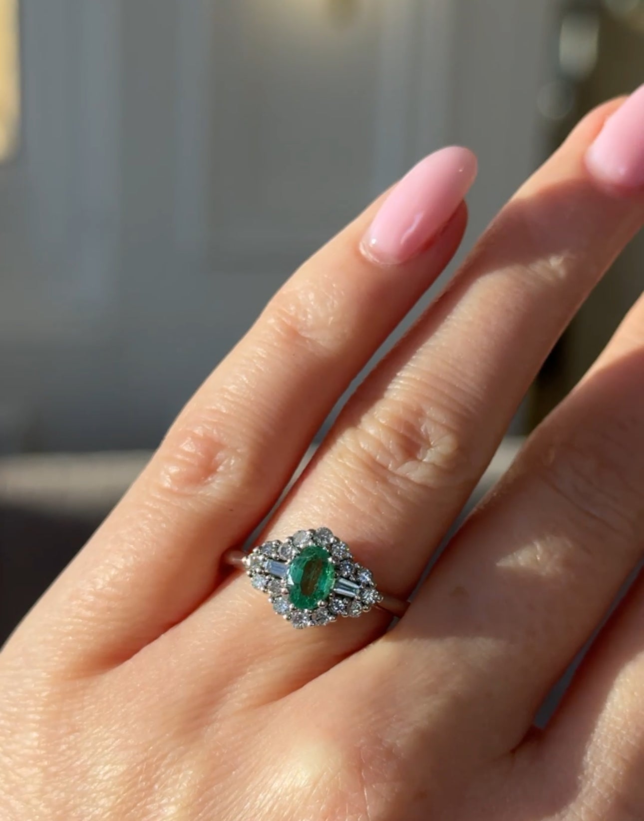 18ct White Gold Emerald and Diamond Cluster Ring
