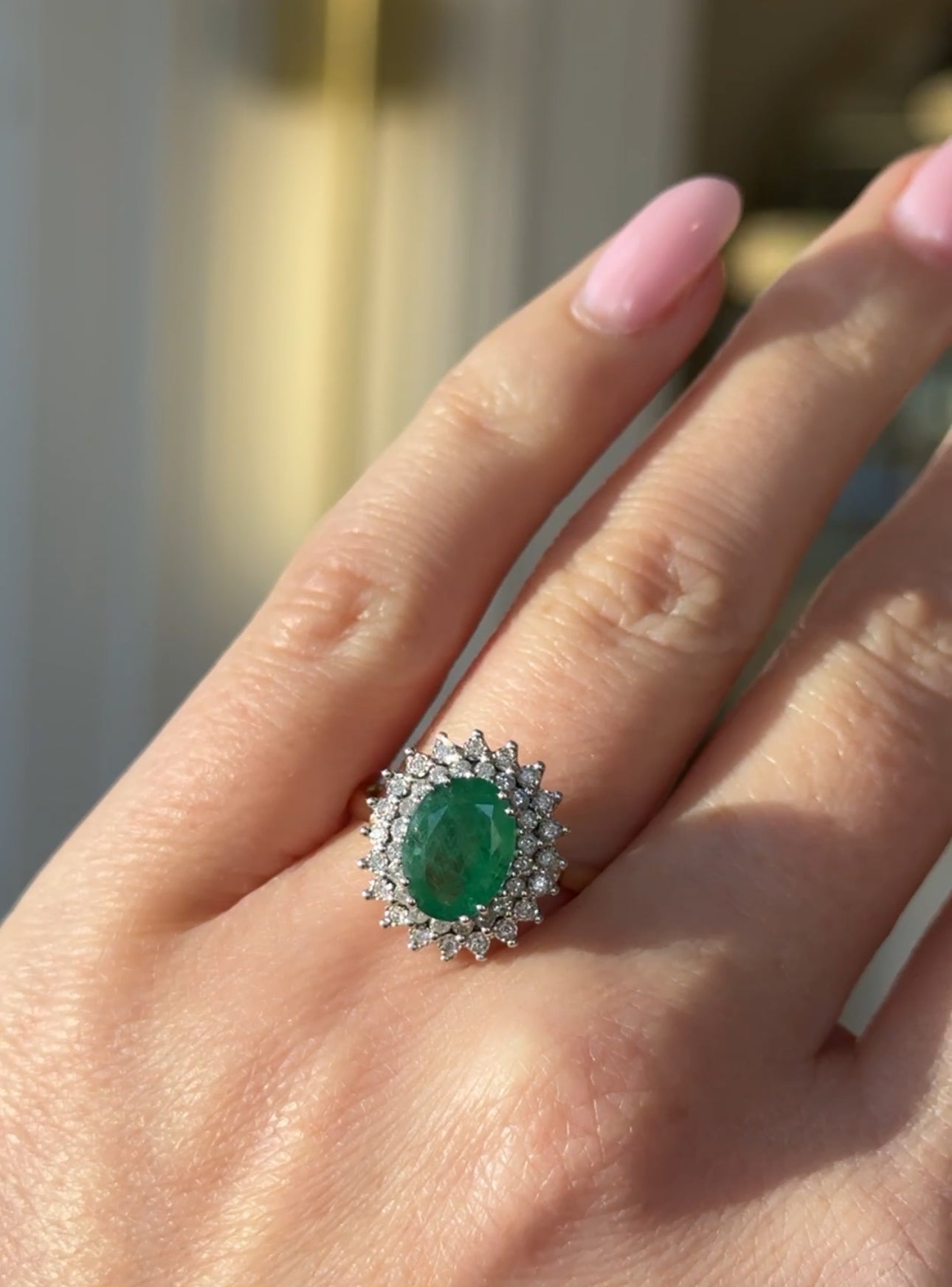 9ct Yellow Gold Emerald and Diamond Double Halo Ring