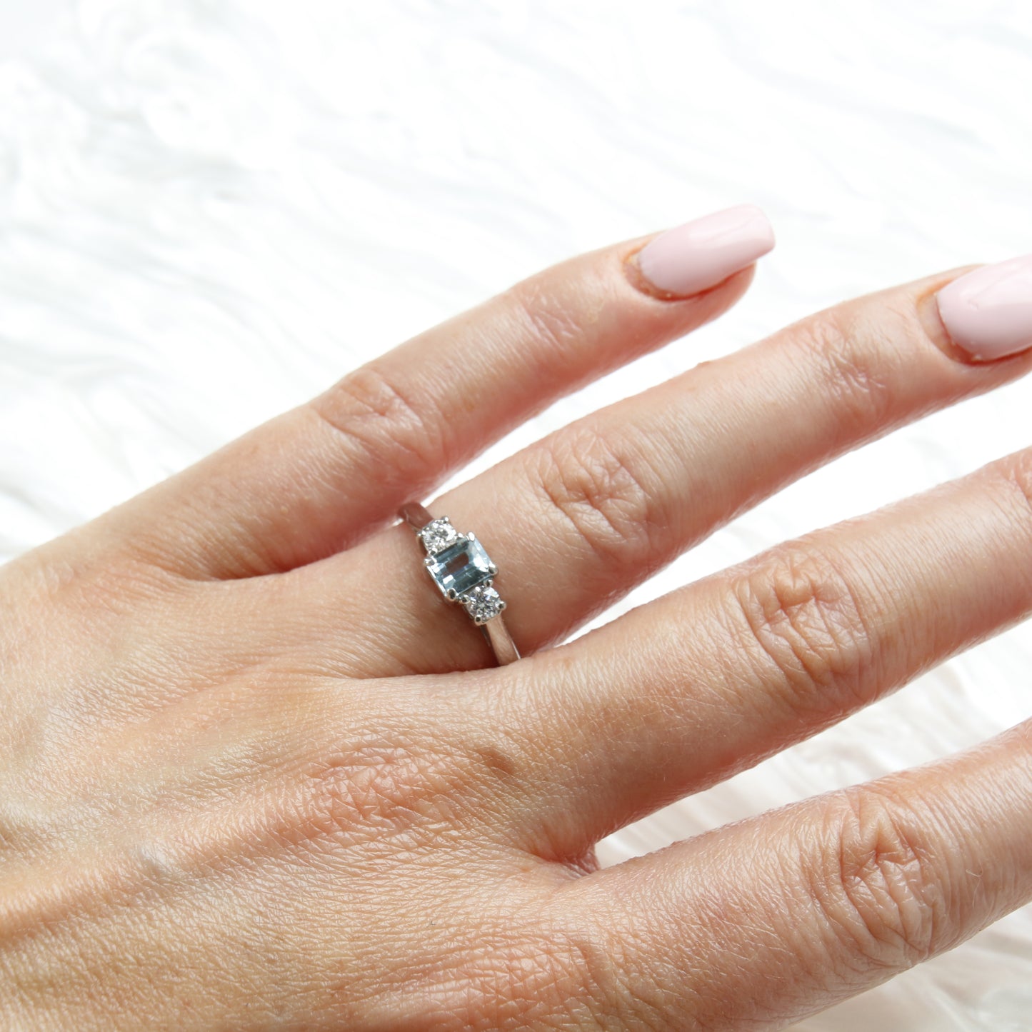 18ct White Gold Aquamarine and Diamond Trilogy Ring